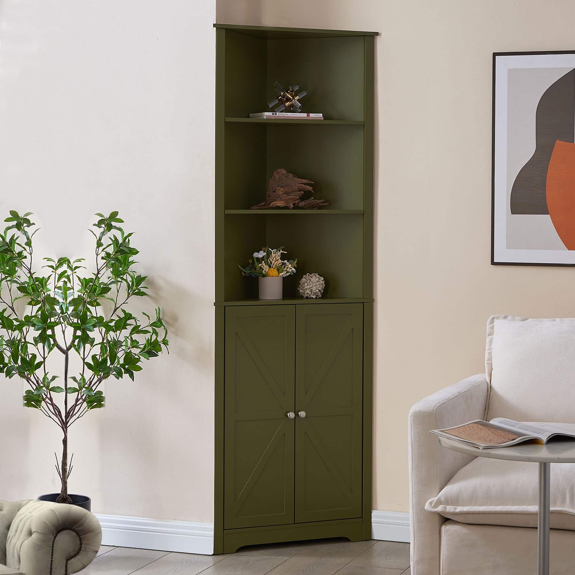 Front. Kings Brand Furniture - Kings Brand Furniture Tall Wooden Corner Cabinet - Avocado.