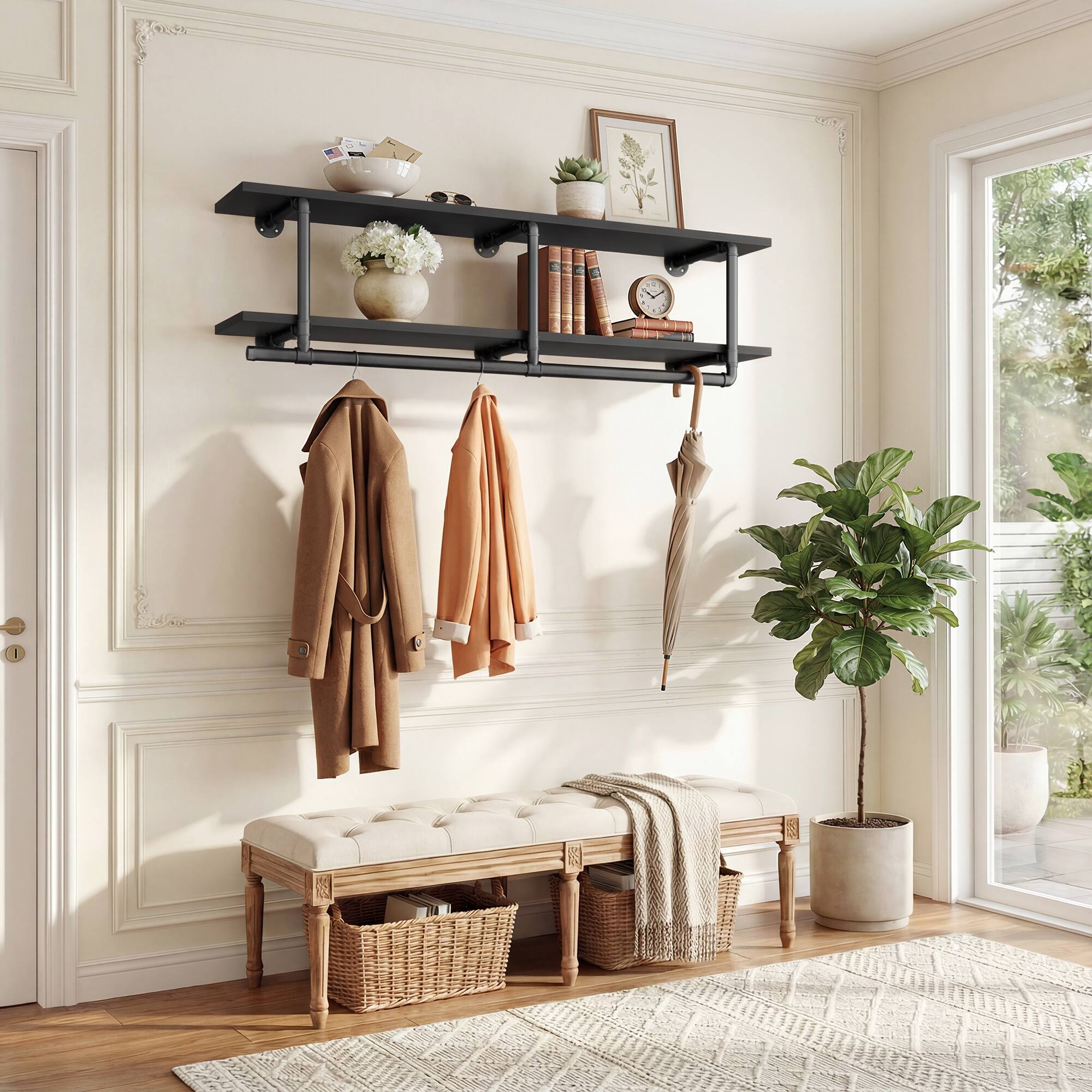 Alt View 1. Aheaplus - 47.2'' Wide Wall Mounted Pipe Clothing Rack with Shelves, 150 LBS Capacity, Easy Assembly - Black.