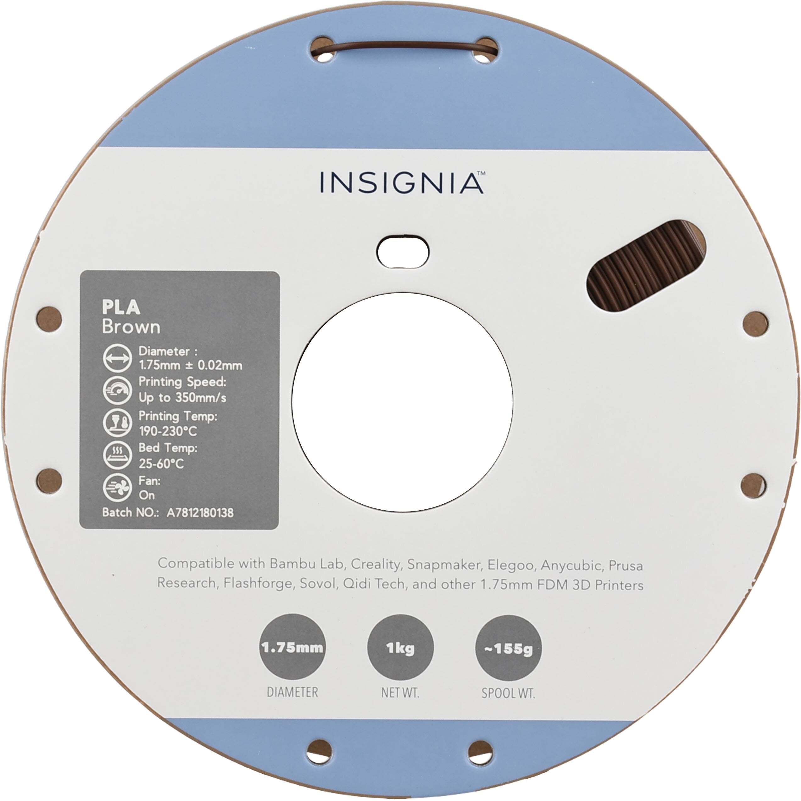 M INSIGNIA PLA Brown  
Diameter: 1.75mm ± 0.02mm  
Printing Speed: Up to 350mm/s  
Printing Temp: 190-230°C  
Bed Temp: 25-60°C  
Fan: On  
Batch NO: A7812180138  

Compatible with Bambu Lab, Creality, Snapmaker, Elegoo, Anycubic, Prusa Research, Flashforge, Sovol, Qidi Tech, and other 1.75mm FDM 3D Printers  

1.75mm  
DIAMETER  
NET WT. 1kg  
SPOOL WT. ~155g