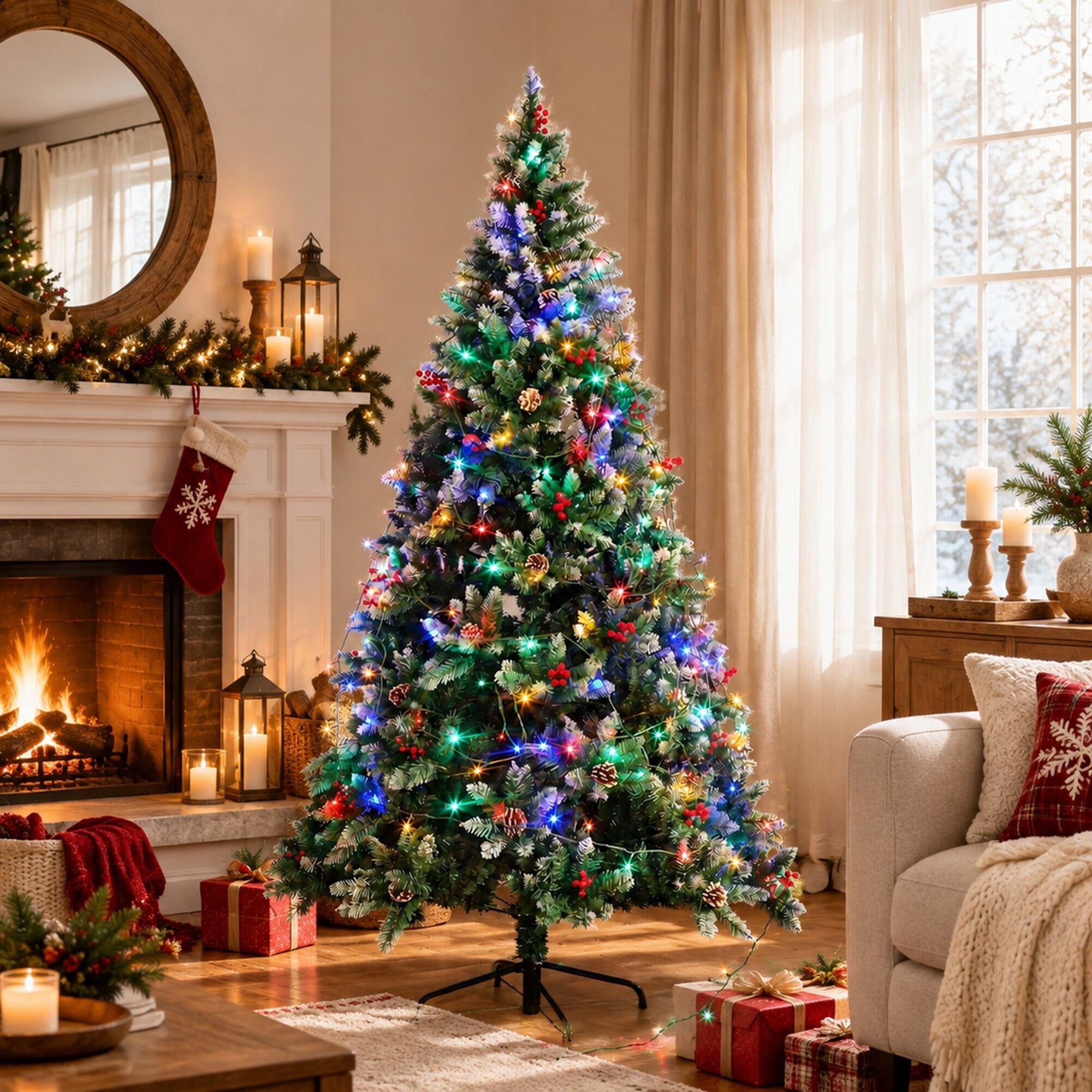Angle. RYHNUYNE - 7.5FT Pre-Lit Artificial Christmas Tree With 200 LED Lights and 1358 Tips, Green Metal Hinges and Foldable Base - Army Green.