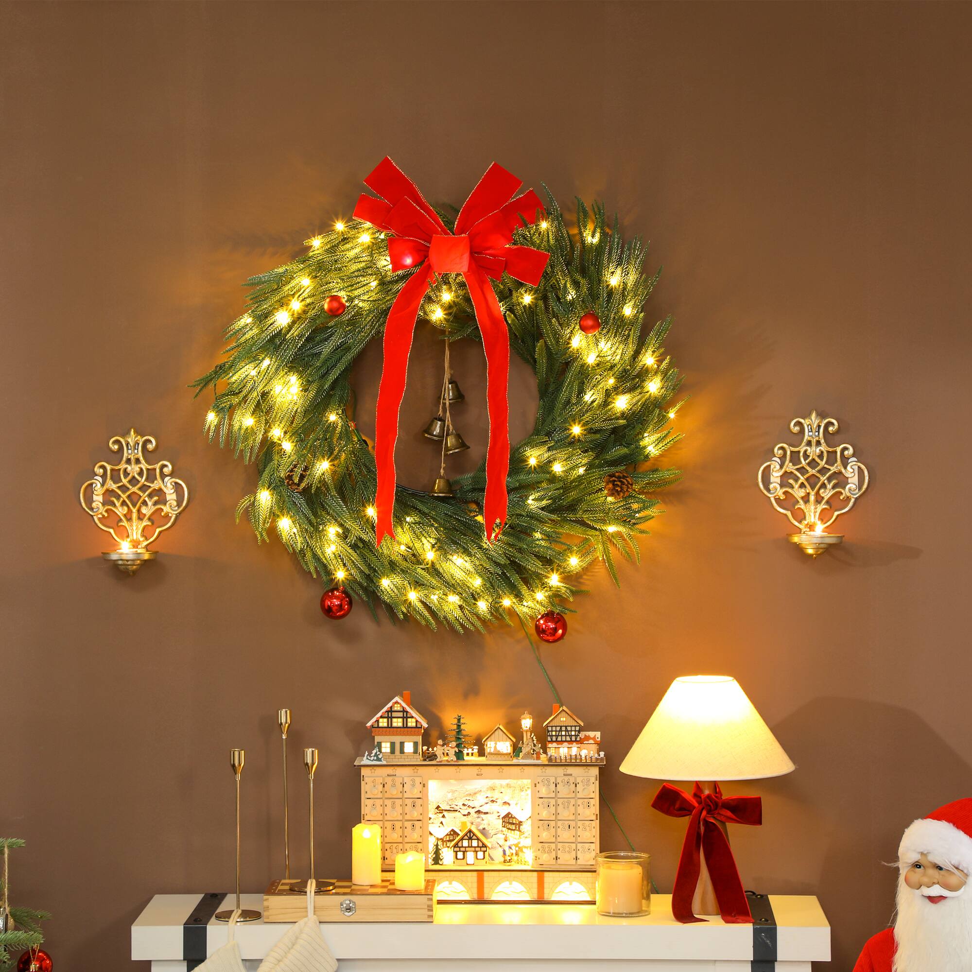 Alt View 1. Homcom - 36in Christmas Wreath for Front Door, 100 LEDs, Prelit with 8 Modes, Frosted Branches, Green - Green.