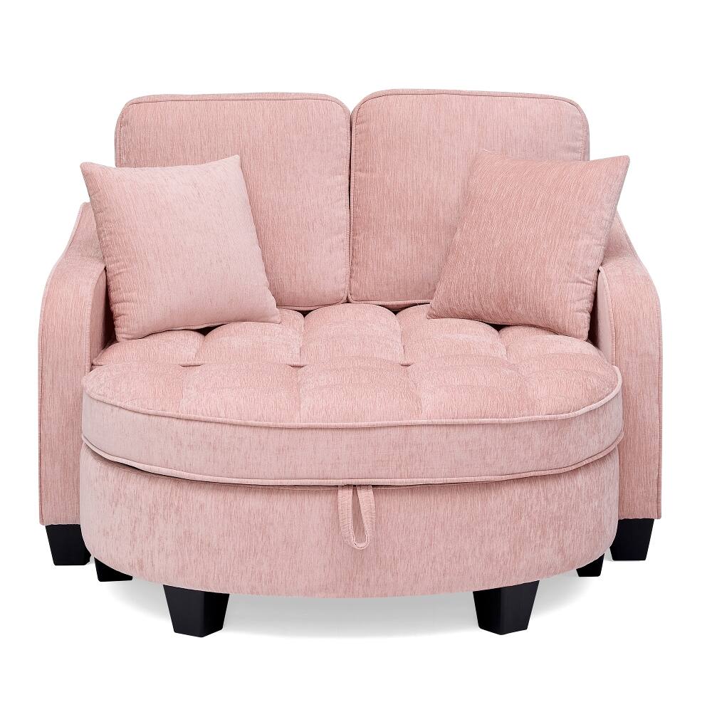 Alt View 4. Loheer - Loheer Pink Two-Seater Sofa Corduroy Double Sofa Chaise Longue with Storage Footrest and Throw Pillows - Pink.