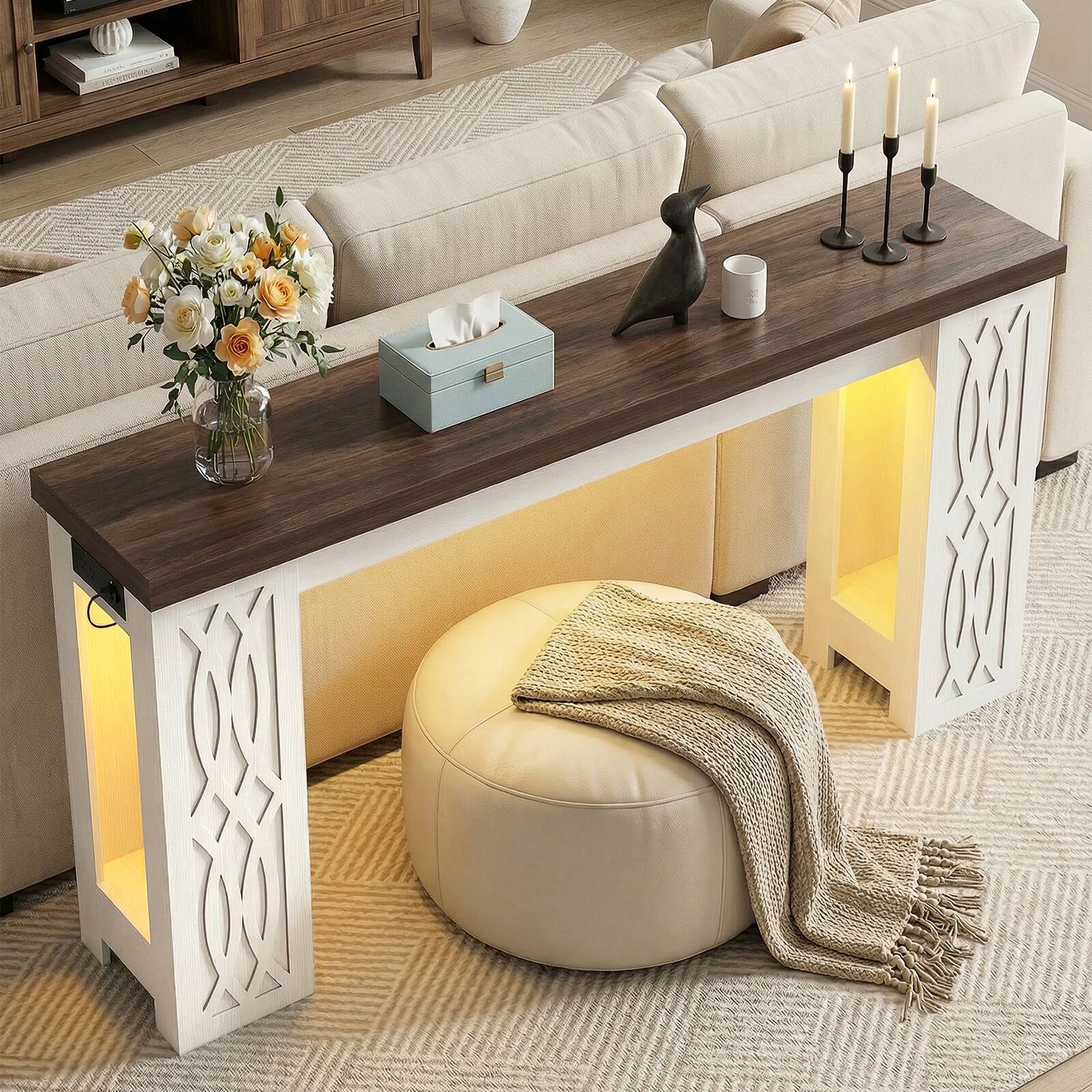 Alt View 5. Aheaplus - 47'' Console Table, Farmhouse Console Table with Charging Station and RGB LED Lights - White & Walnut.