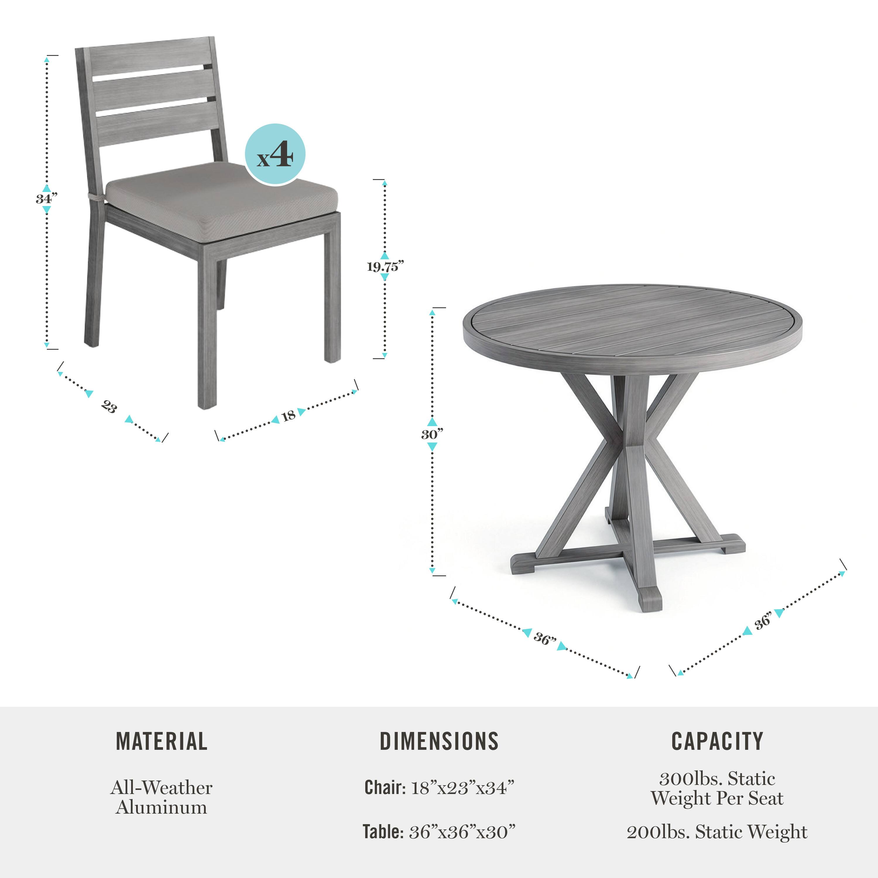 All-Weather Aluminum Chair: 18" x 23" x 34"  
Table: 36" x 36" x 30"  

Material: All-Weather Aluminum  
Dimensions:  
Chair: 18" x 23" x 34"  
Table: 36" x 36" x 30"  

Capacity:  
300lbs. Static Weight Per Seat  
200lbs. Static Weight