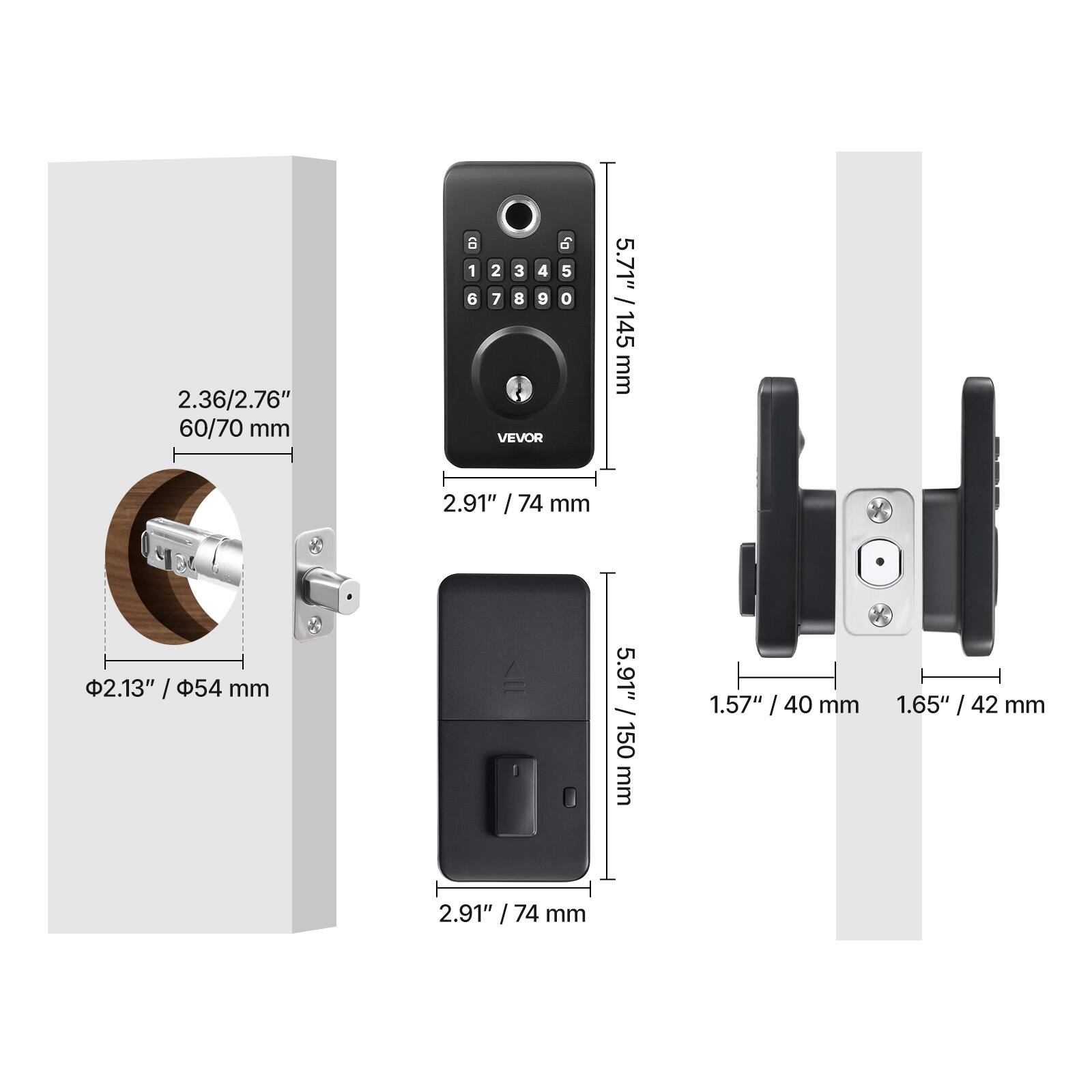 2.36/2.76" 60/70 mm  
5.71" / 145 mm  
2.91" / 74 mm  
1.57" / 40 mm  
1.65" / 42 mm  
5.91" / 150 mm  
2.13" / 54 mm