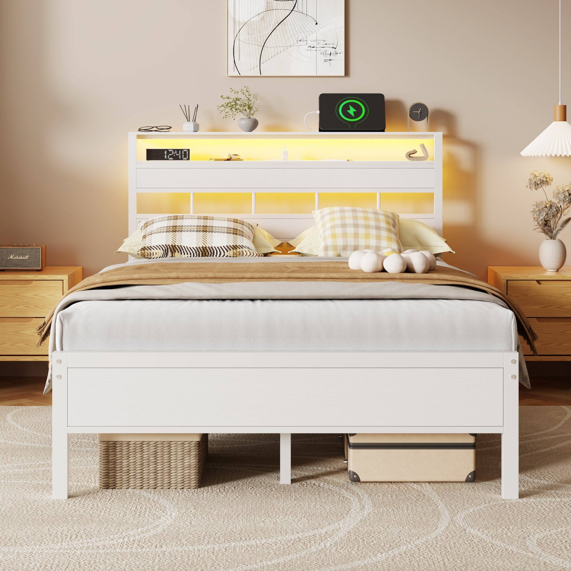 Angle. Furnulem - Bed Frame with 2-Tier Shelves Charging Station  LED Lights Metal Slats Wood Headboard - White.
