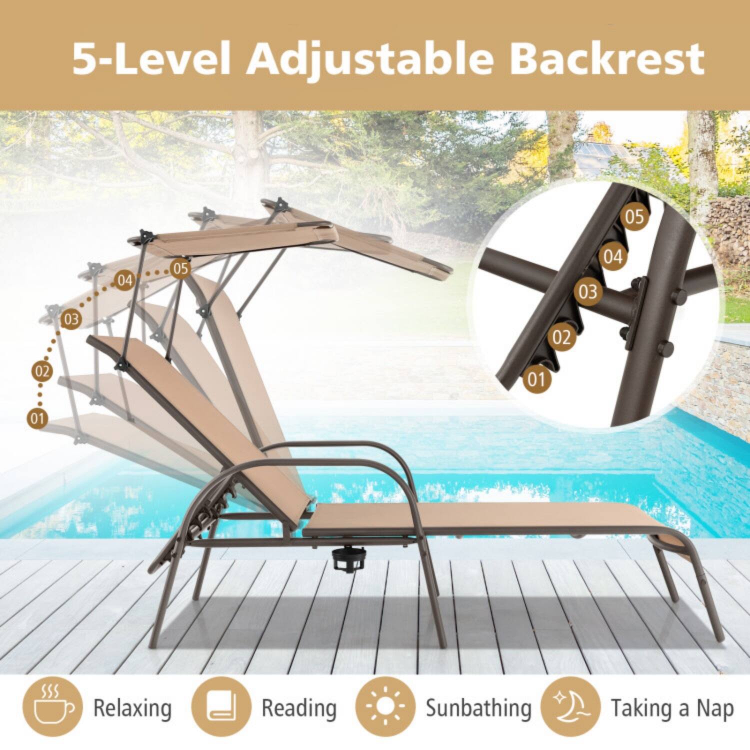 5-Level Adjustable Backrest

01 02 03 04 05

Relaxing Reading Sunbathing Taking a Nap
