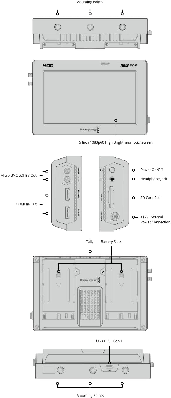 Mounting Points HDR 12G 5DI Blackmagic Design 5 Inch 1080p60 High Brightness Touchscreen Micro BNC SDI In/Out HDMI In/Out Power On/Off Headphone Jack SD Card Slot +12V External Power Connection Tally Battery Slots 1 2 USB-C 3.1 Gen 1 Mounting Points