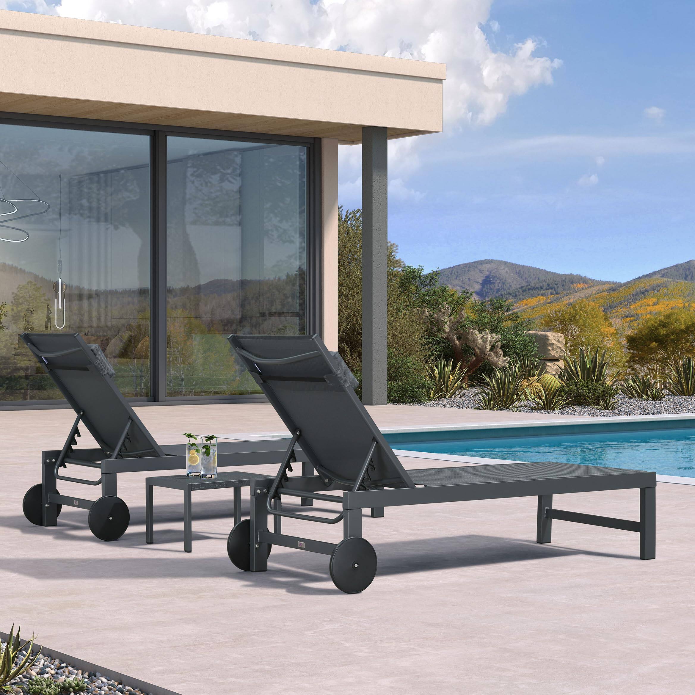 Alt View 1. PURPLE LEAF - 3-Pieces Aluminum Frame with Side Table and Wheels for Outside Sunbathing Tanning Recliner Including Pillows - Grey.