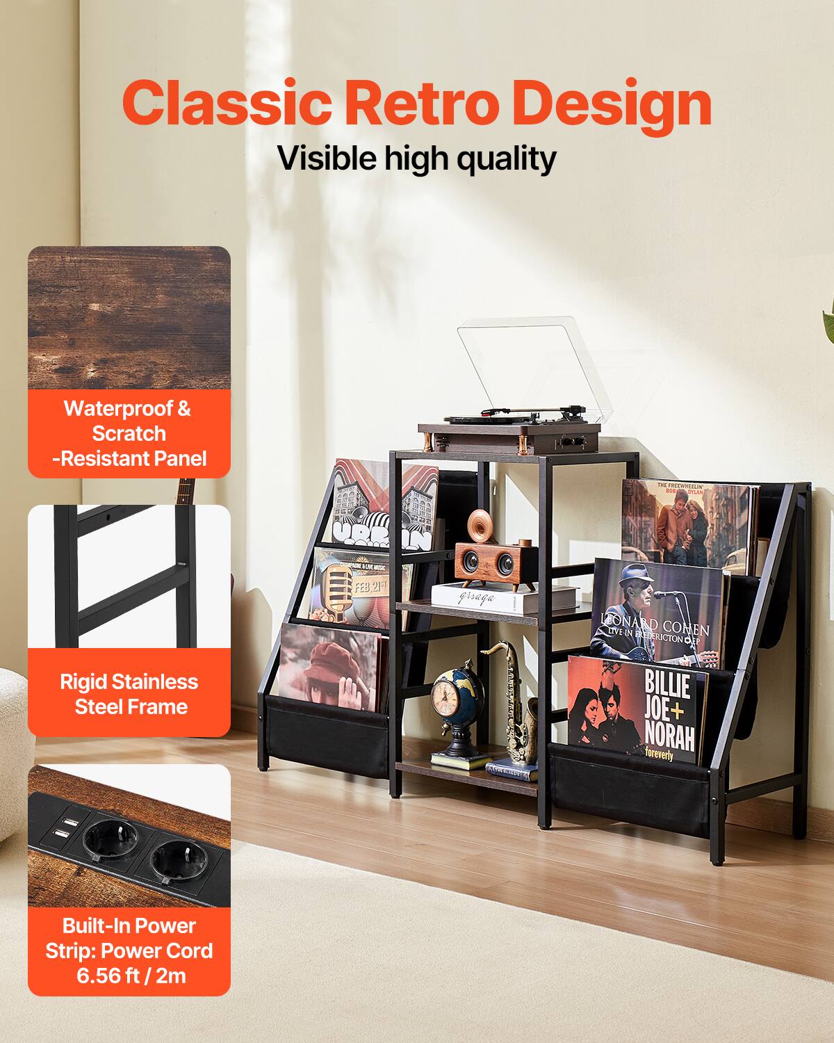 Classic Retro Design  
Visible high quality  

Waterproof & Scratch-Resistant Panel  

Rigid Stainless Steel Frame  

Built-In Power Strip: Power Cord 6.56 ft / 2m