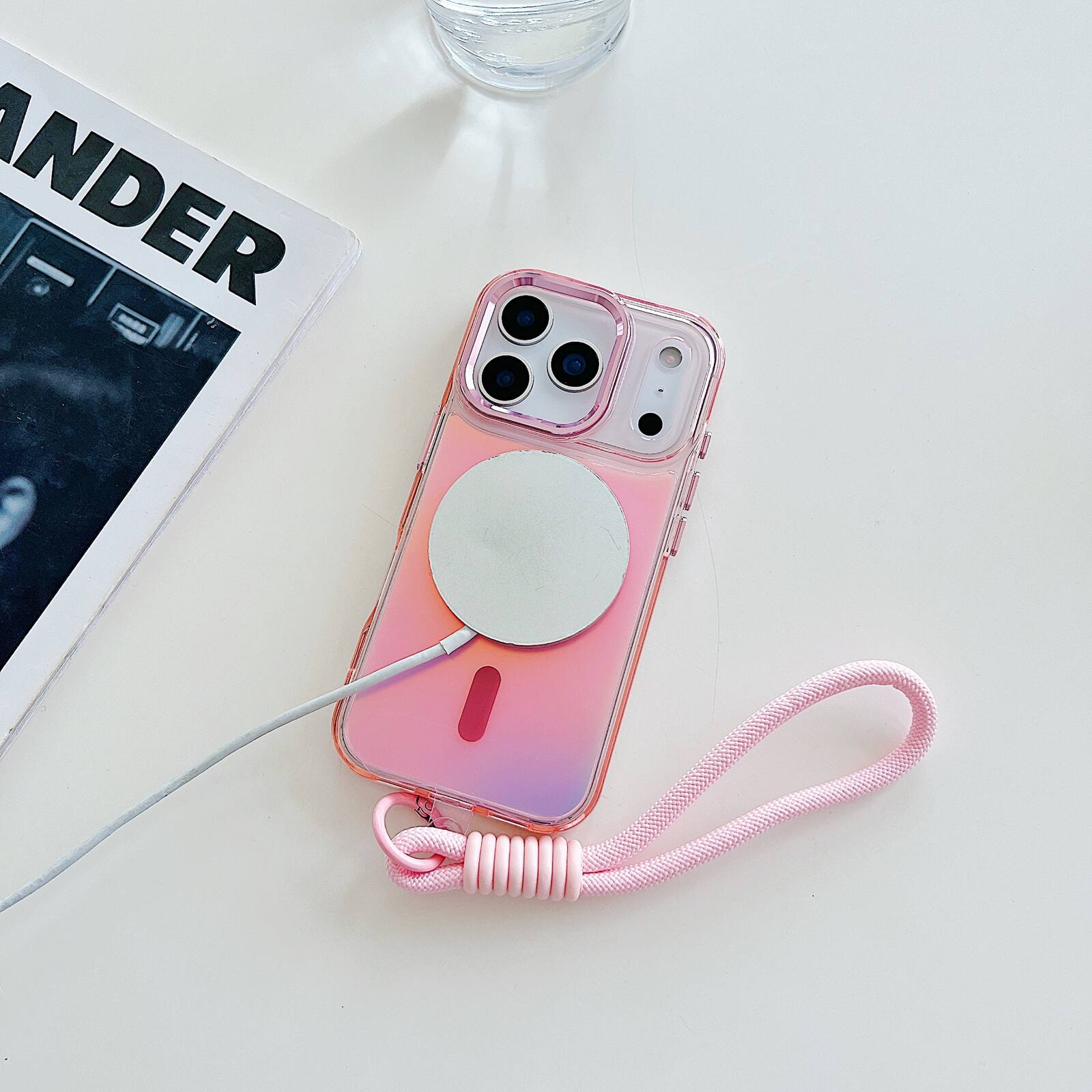 Alt View 2. Dteck - Glossy Iridescent Shockproof Phone Case for Apple iPhone 17 Pro, Magnetic Protective Cover with Detachable Wrist Strap - Pink.