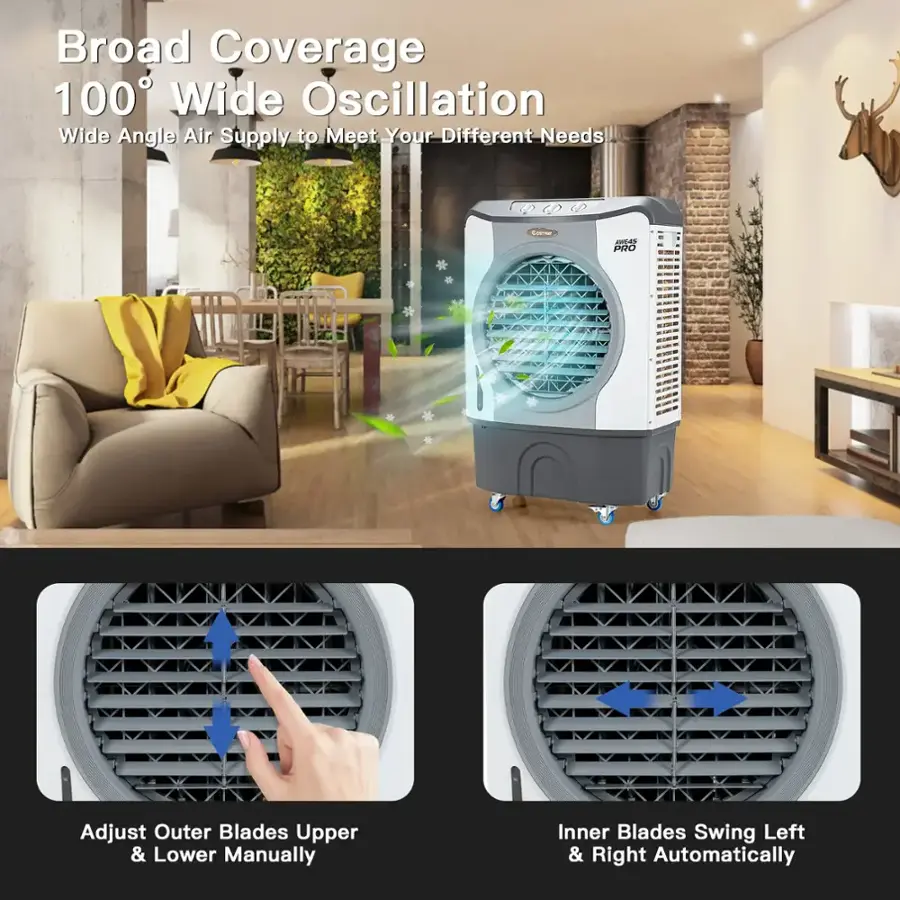 The text on the image is grouped and corrected as follows:

"Broad Coverage 100 Wide Oscillation: Wide Angle Air Supply to Meet Your Different Needs

4 PRO Adjust Outer Blades Upper & Lower Manually
Inner Blades Swing Left & Right Automatically"