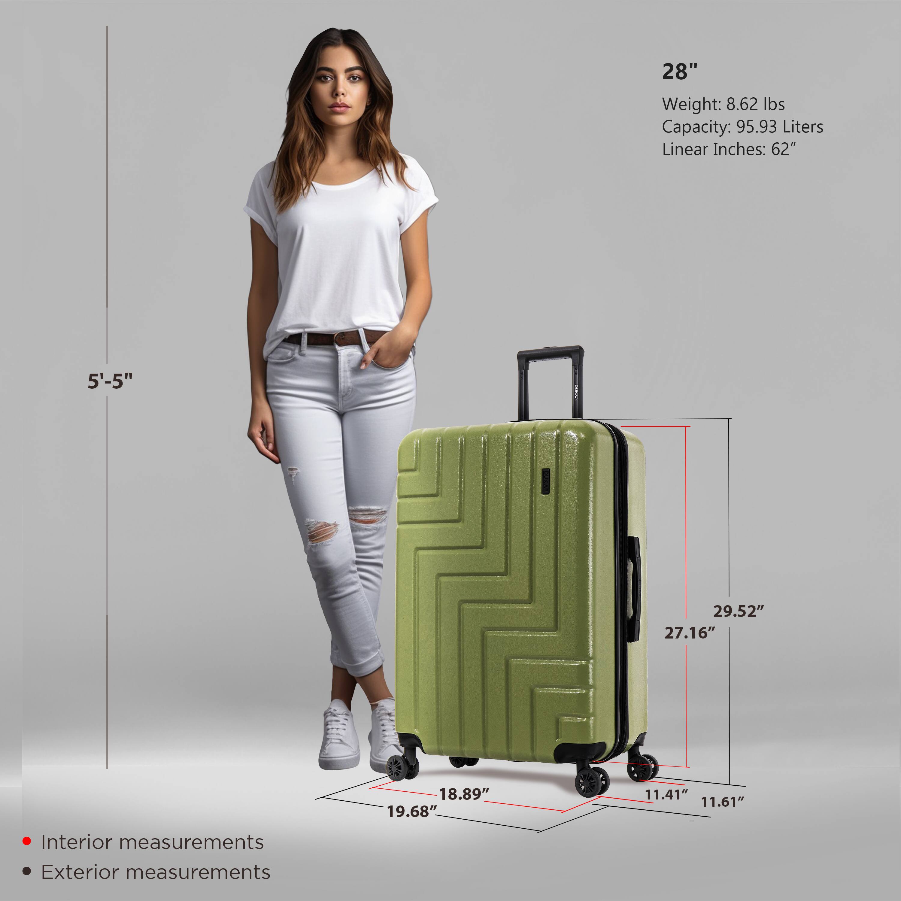 - **28"**
  - Weight: 8.62 lbs
  - Capacity: 95.93 Liters
  - Linear Inches: 62"

- **Interior measurements**
  - 19.68"
  - 11.41"
  - 11.61"

- **Exterior measurements**
  - 29.52"
  - 27.16"
  - 18.89"
  - 11.61"

- **Height reference**
  - 5'-5"