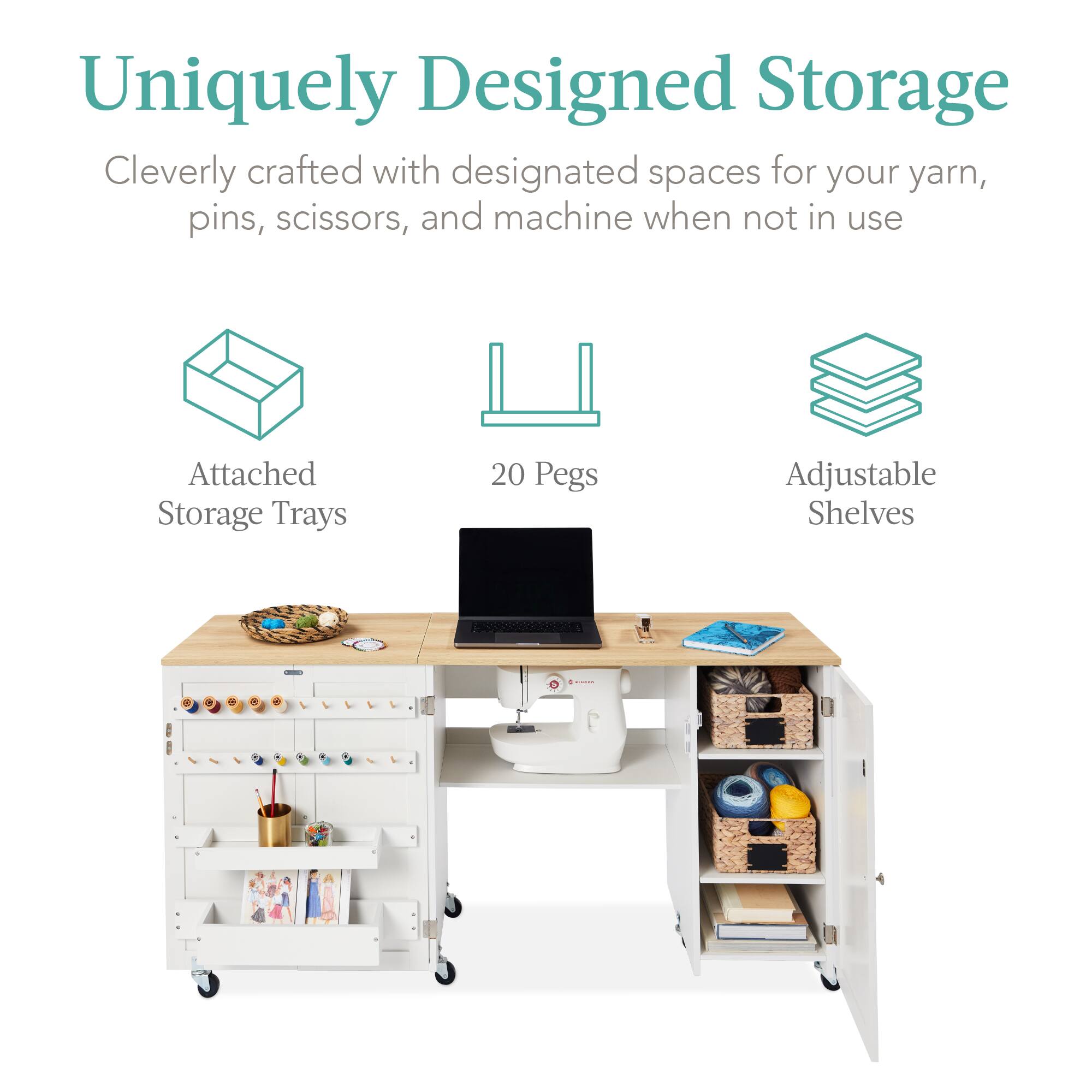 Uniquely Designed Storage: Cleverly crafted with designated spaces for your yarn, pins, scissors, and machine when not in use. Attached Storage Trays, 20 Pegs, Adjustable Shelves.