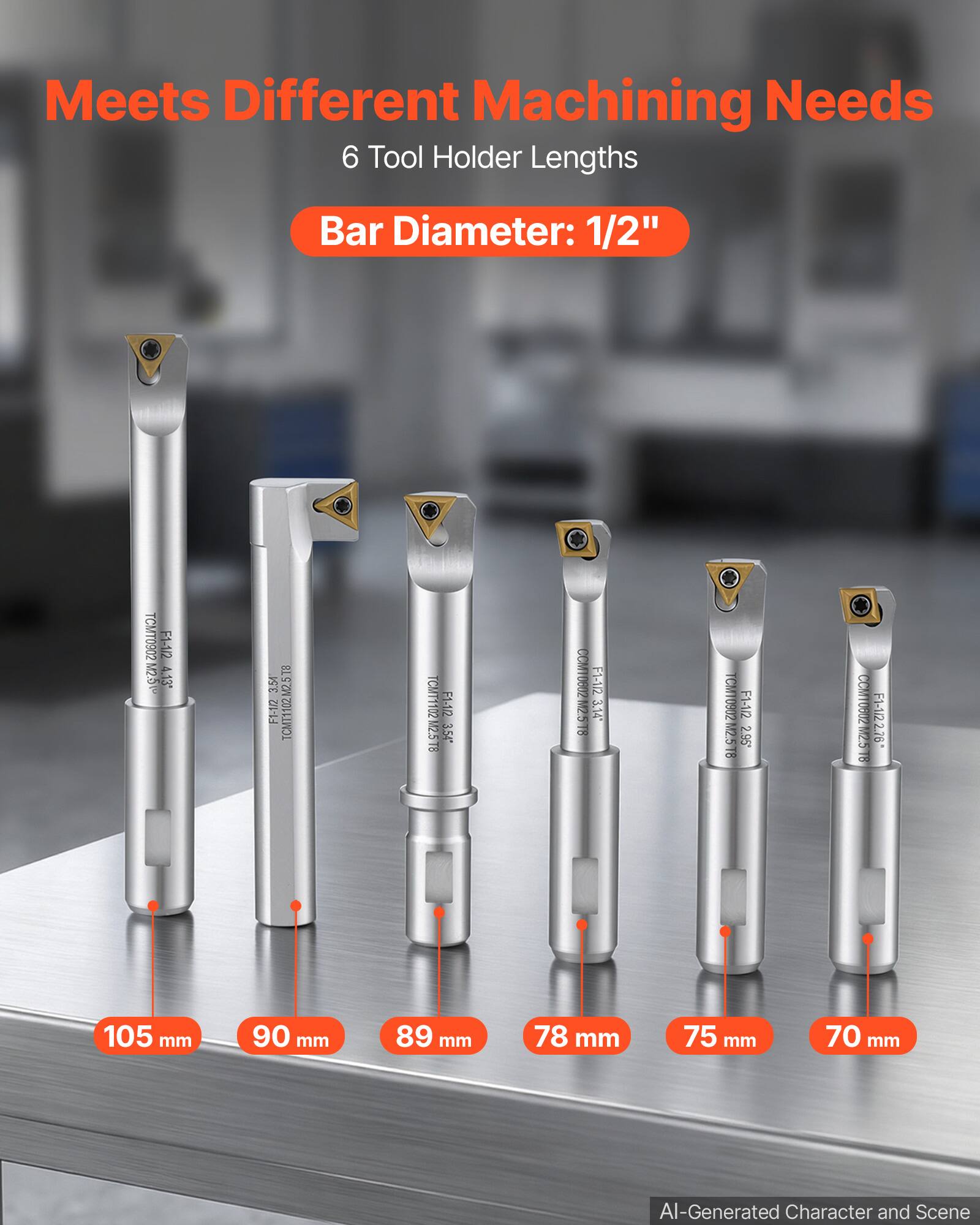 Meets Different Machining Needs  
6 Tool Holder Lengths  
Bar Diameter: 1/2"  

TCMT0902 F1-1/2 M2.5 4,13"  
3.54 F1-1/2 TCMT1102M2.5T  
TCMT1102 M2.5 T8  
F1-1/2 3.54*  
CCM10602 M2.5T  
F1-1/2 3.14"  
TCM 0902 M2.5 18  
E1-1/2 2.95  
CCM 0802 M2.5 18  
F1-1/2 2.76  

105 mm  
90 mm  
89 mm  
78 mm  
75 mm  
70 mm