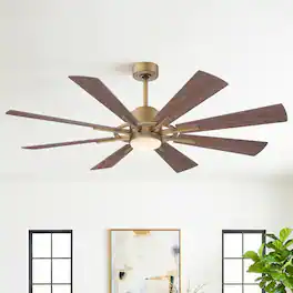 Parrot Uncle - 60" Windmill 8-Blade Integrated LED Ceiling Fan with Light and Remote Control, DC Reversible Motor - Gold