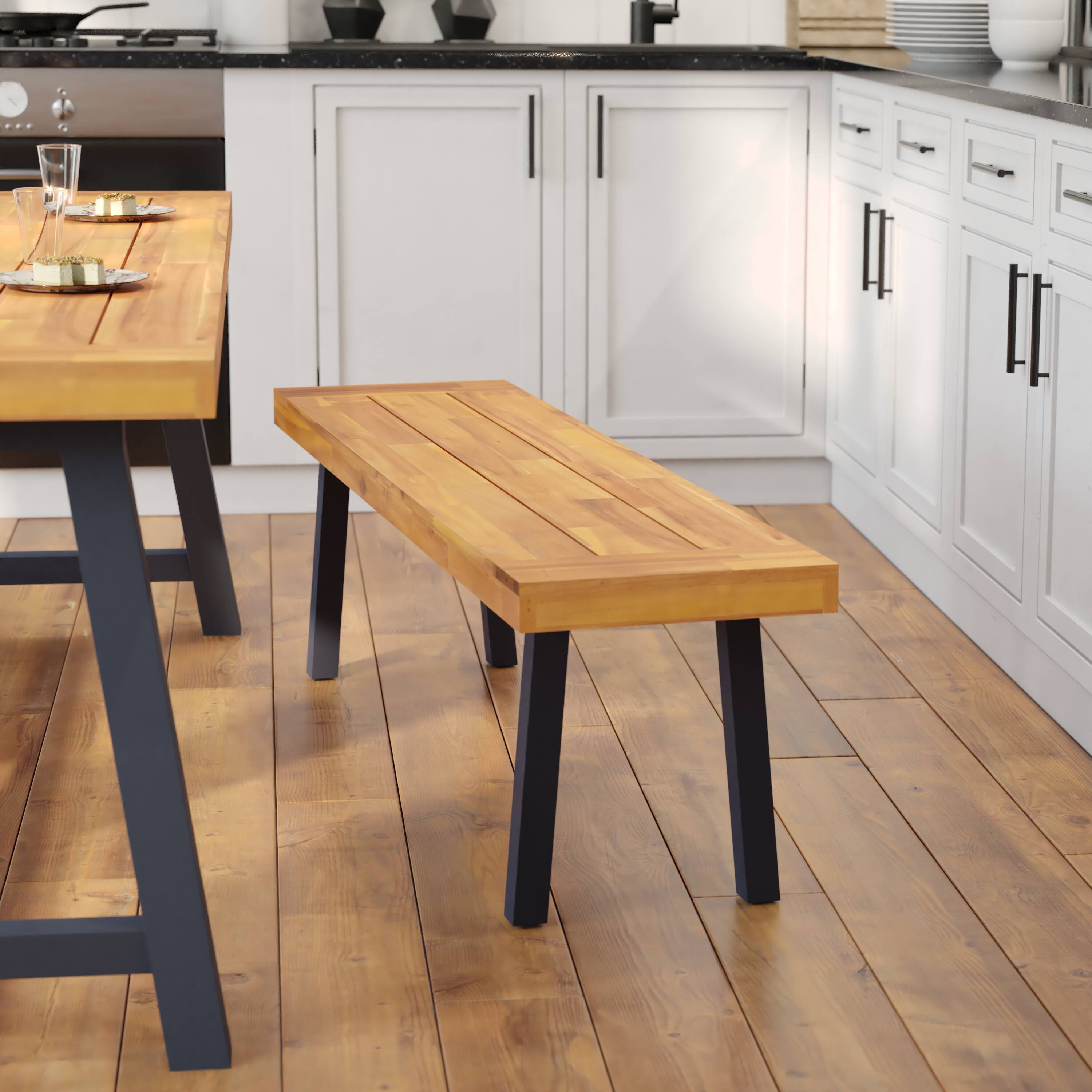 Alt View 1. Emma + Oliver - Tokar Rustic Acacia Wood Bench with Seating for Two, Flared Wooden Legs and Slatted Surface for Indoor and Outdoor Use - Natural.