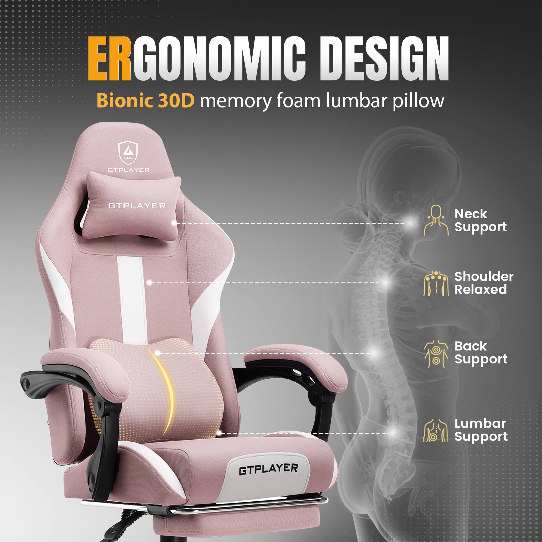 ERGONOMIC DESIGN Bionic 30D memory foam lumbar pillow

GTPLAYER
Neck Support
Shoulder Relaxed
Back Support
Lumbar Support
GTPLAYER