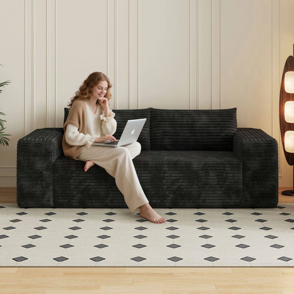 Left. Kadyn - 78.8" Corduroy Fabric Loveseat Sofa, Deep Seat Couch, No Assembly, for Living Room & Apartment, Black - Black.