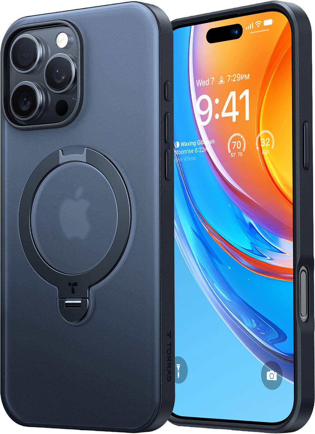 TORRAS - Ostand Q3 Spin – Military-Grade Translucent Case with 360° Rotating Magnetic Stand for Apple iPhone 16 Pro Max - Black