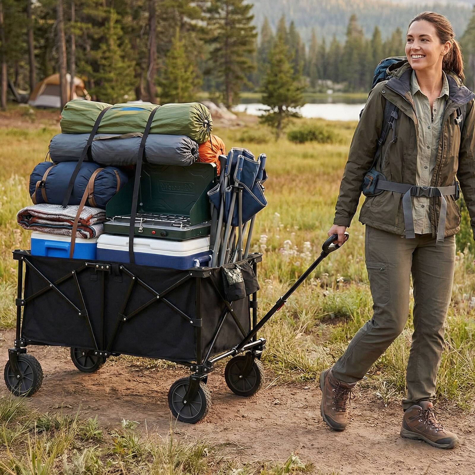 Alt View 1. Gymax - Gymax 38'' Collapsible Wagon Cart w/All-Terrain Wheels 2 Cup Holders Adjustable Handle - Black.