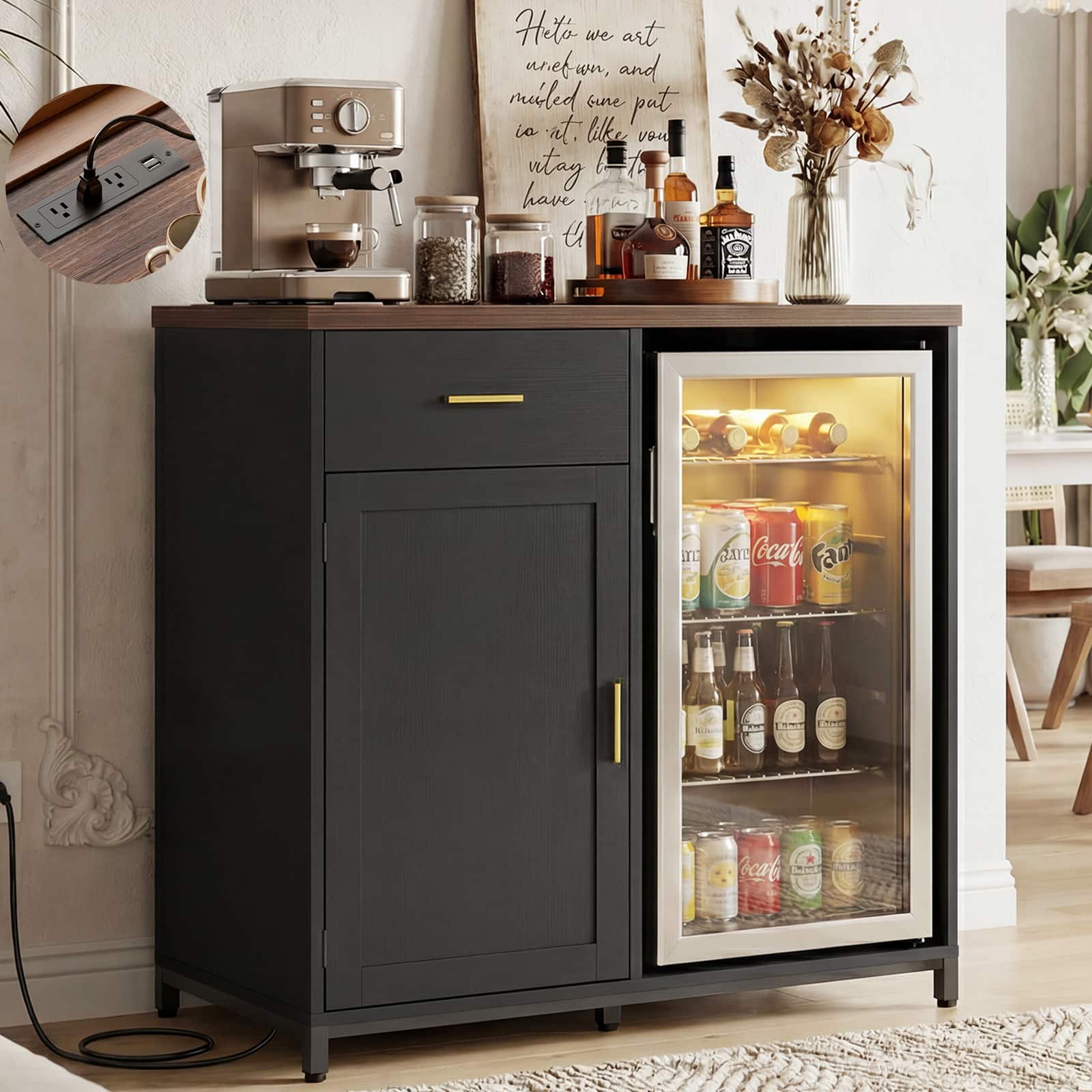Aheaplus - Coffee Bar Cabinet with Mini Fridge Space, Power Outlet, Drawer & Wine Glass Storage for Kitchen/Dining - White