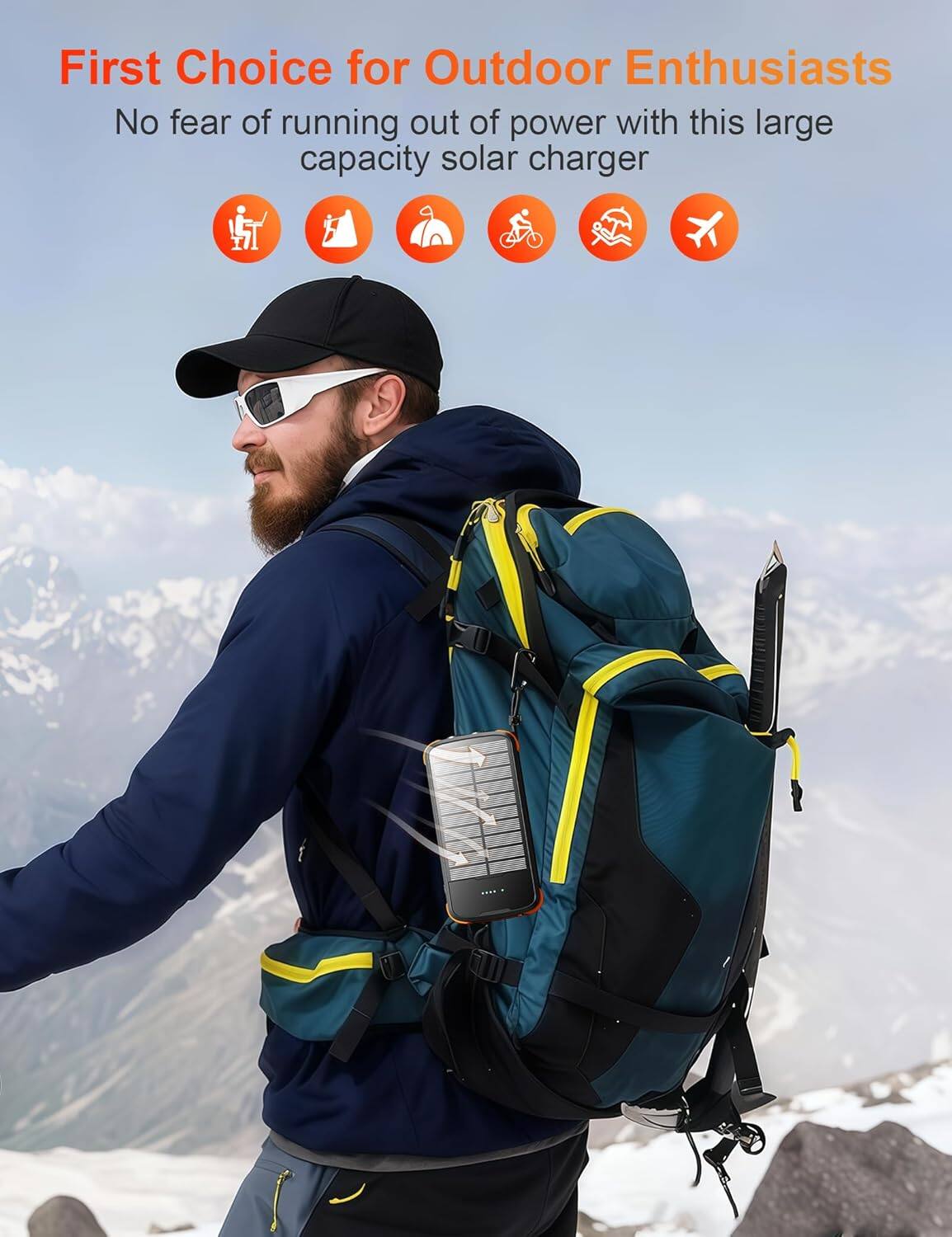 First Choice for Outdoor Enthusiasts  
No fear of running out of power with this large capacity solar charger