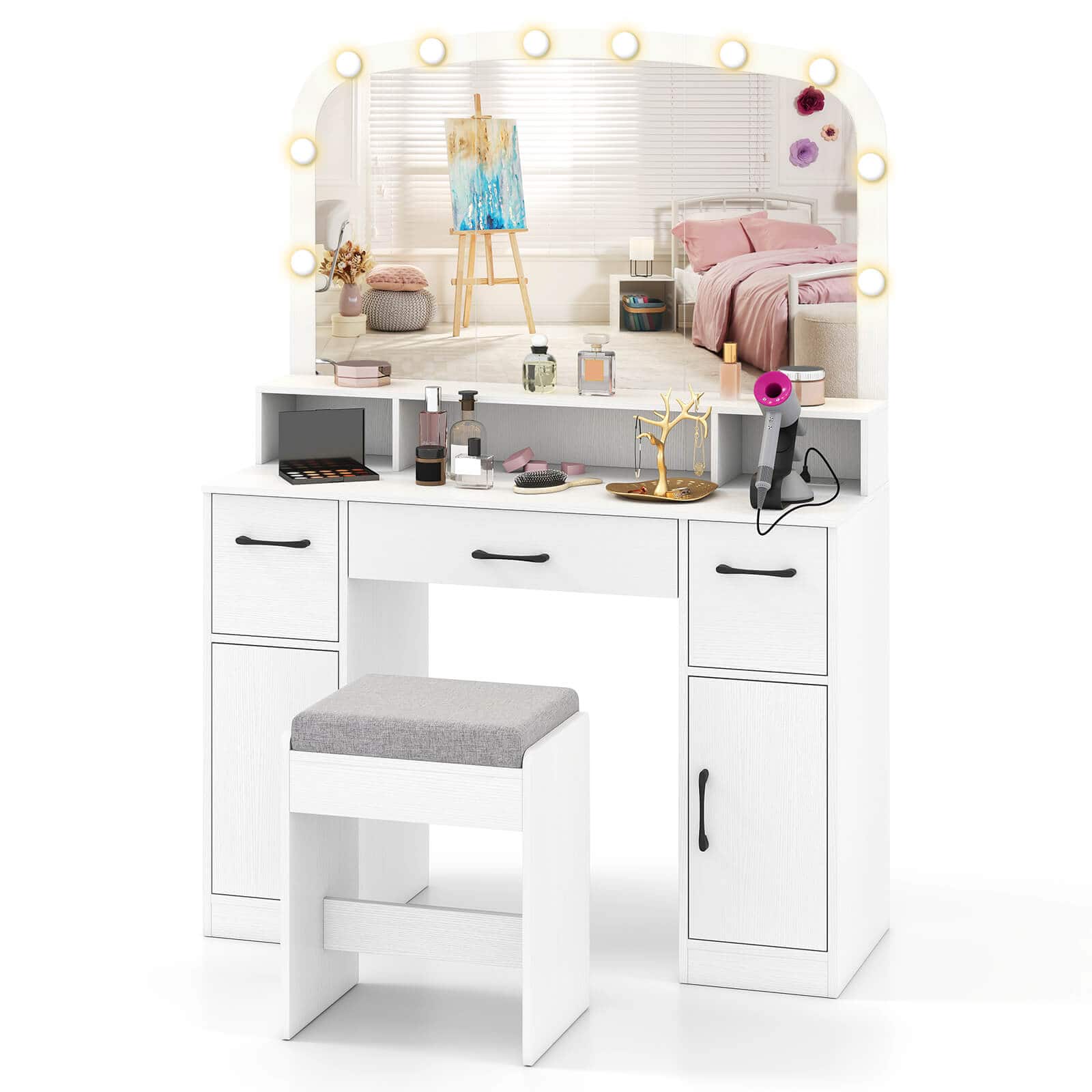 Costway - Vanity Desk Makeup Table with with Stool Large Mirror 3-Color Lights for Bedroom - White