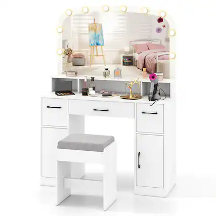 Front. Costway - Costway Vanity Desk Makeup Table with with Stool Large Mirror 3-Color Lights for Bedroom - White.