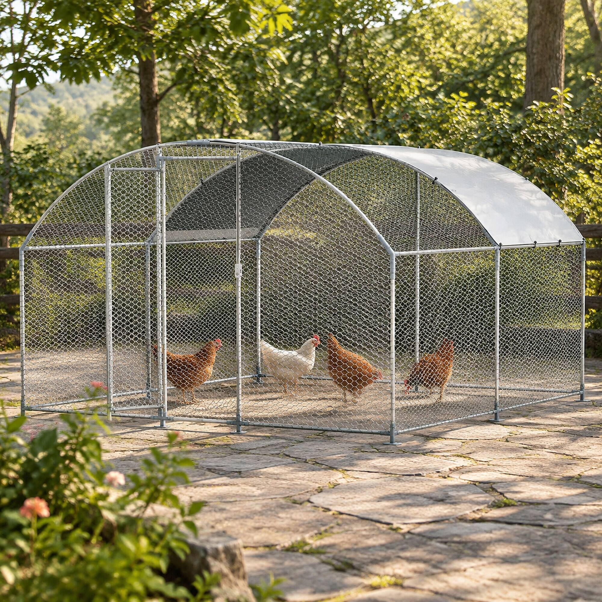 Angle. RYHNUYNE - Metal Chicken Coop 9.8x13.1x6.5 ft, Walk-in Chicken Run, Galvanized Steel, PE Cover.