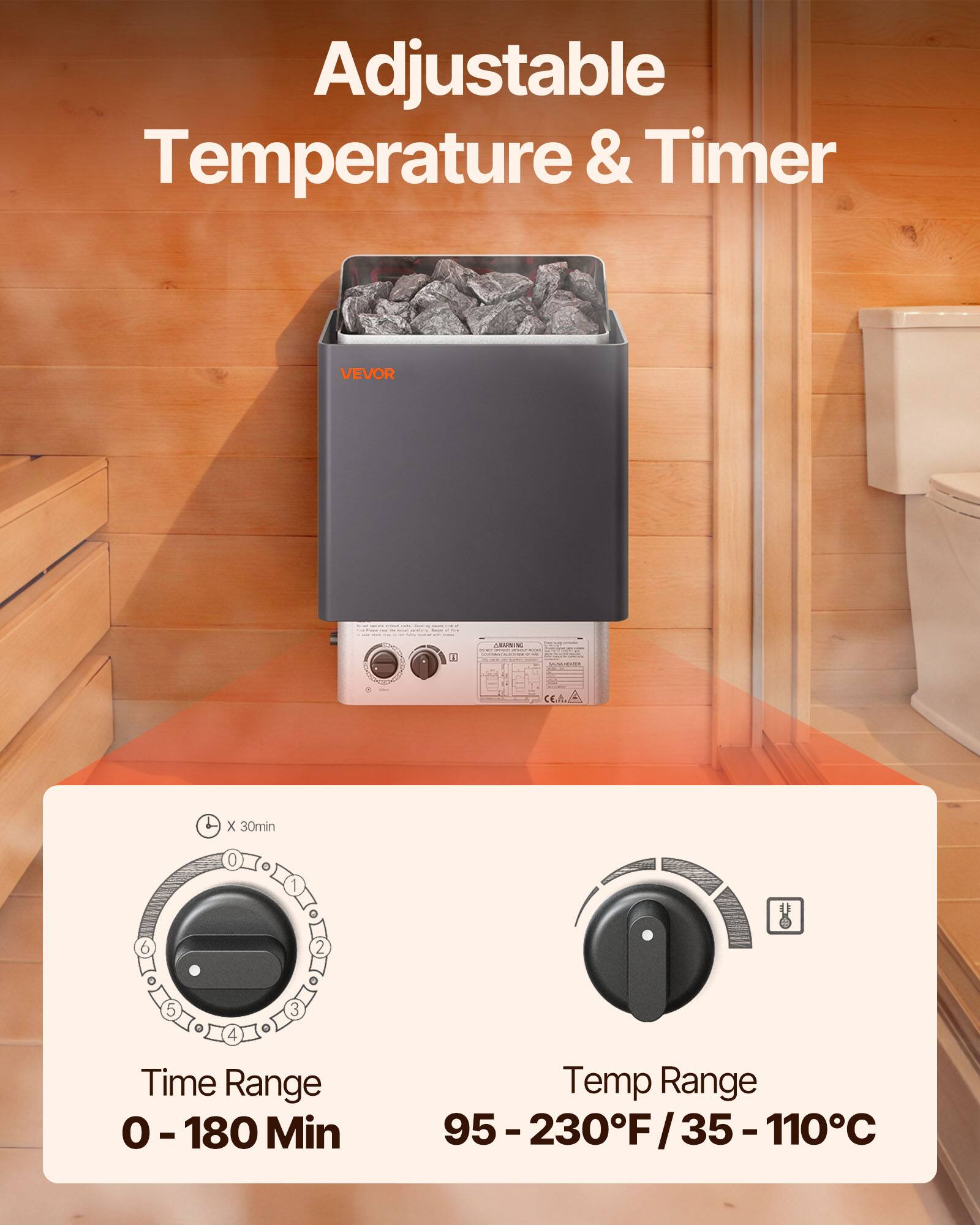 Adjustable Temperature & Timer

VEVOR

TRAINING
X 30min

Time Range: 0 - 180 Min
Temp Range: 95 - 230°F / 35 - 110°C