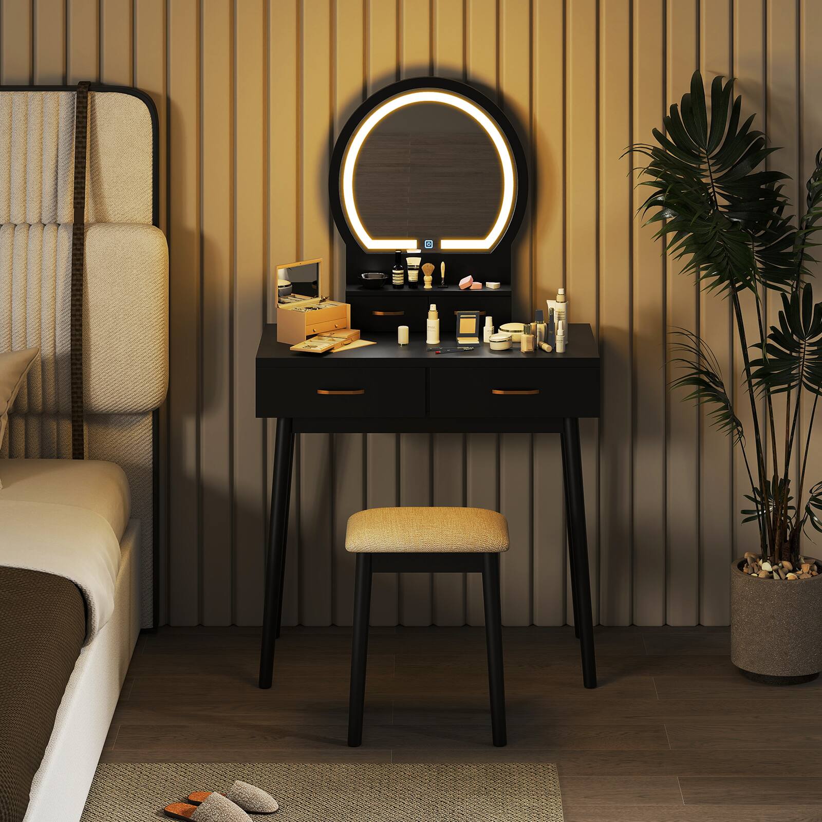 Alt View 4. Gymax - Gymax Small Vanity Desk w/Mirror & Lights Cushioned Stool 3 Adjustable Lighting Colors Black - Black.