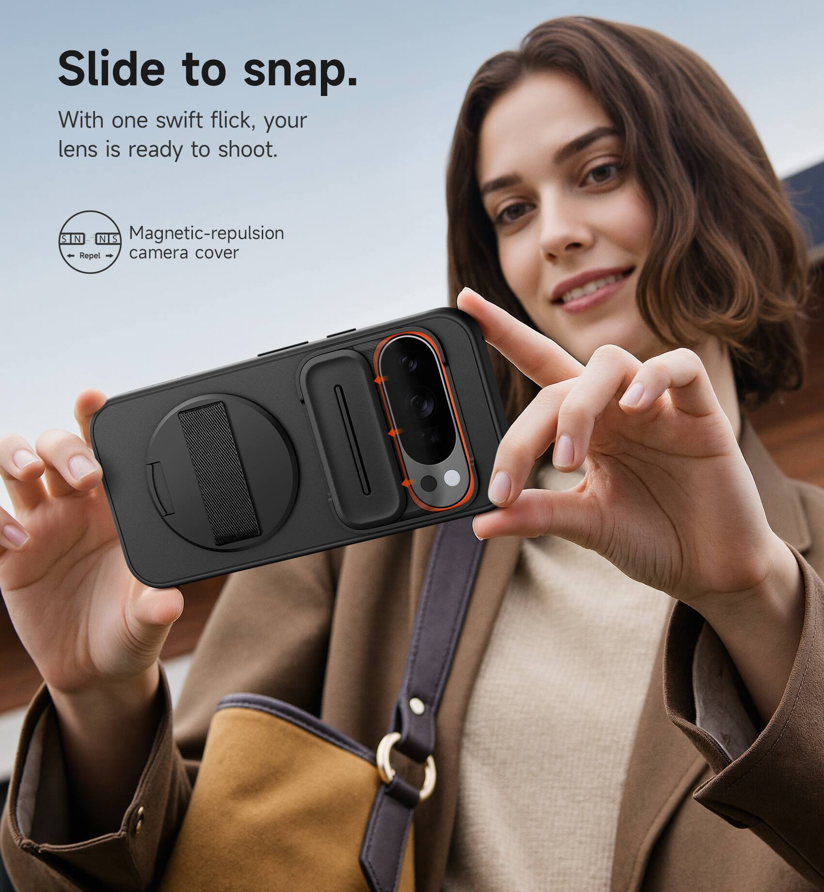 Slide to snap.  
With one swift flick, your lens is ready to shoot.  

NIS Magnetic-repulsion 1 Repel camera cover