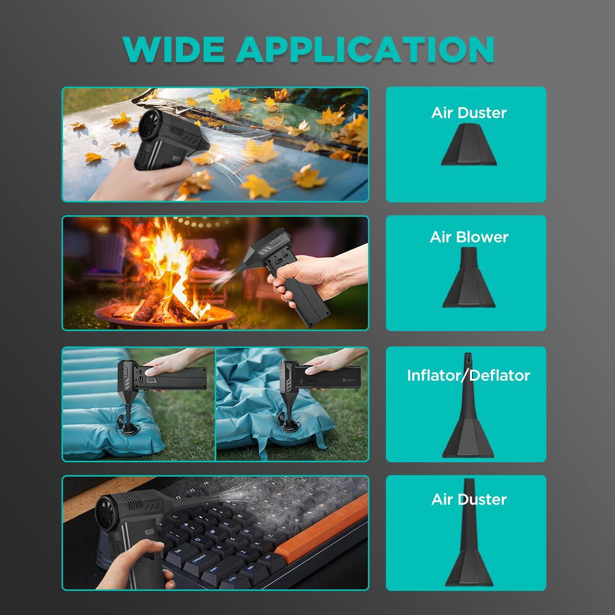 WIDE APPLICATION

- Air Duster
- Air Blower
- Inflator/Deflator
- Air Duster