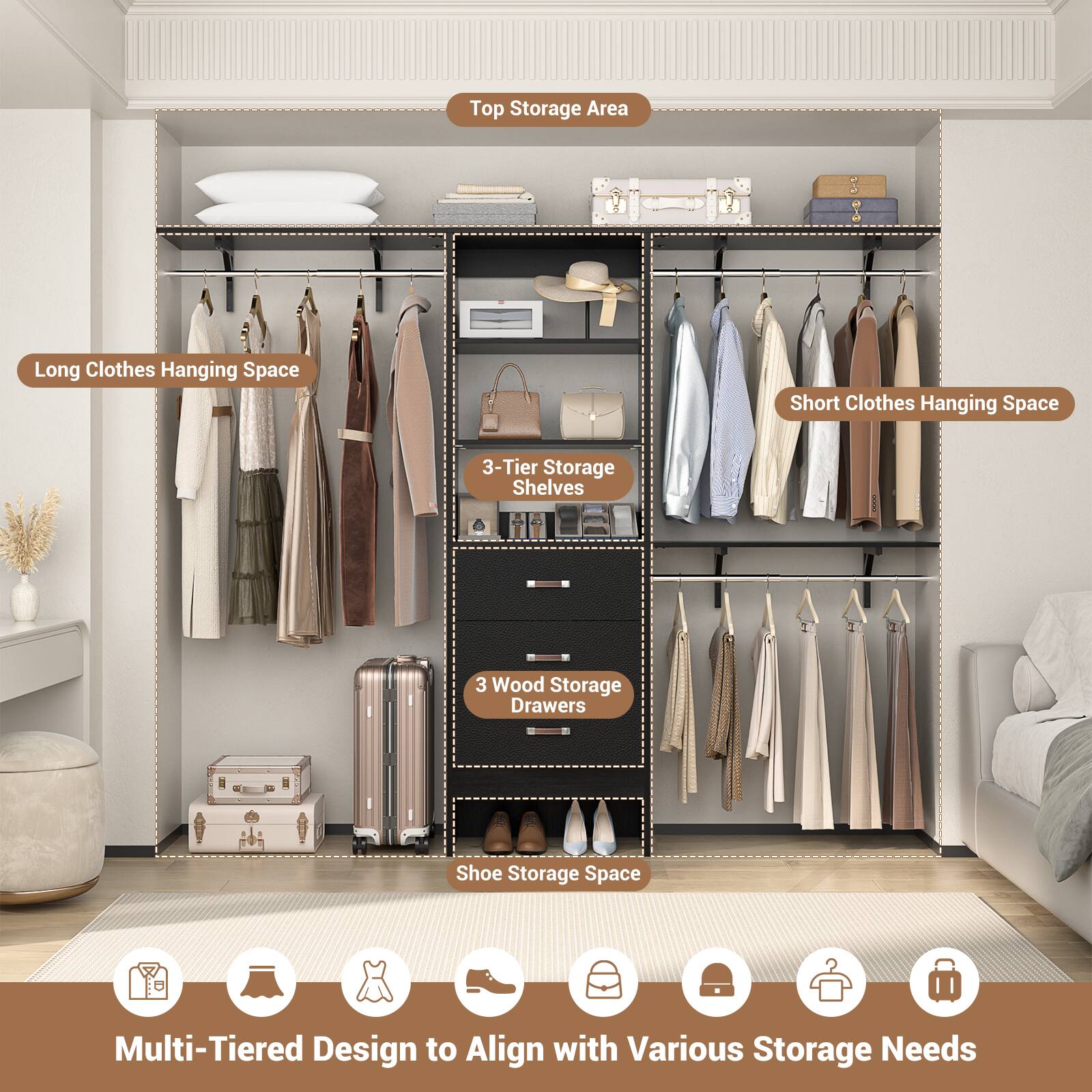 Top Storage Area  
Long Clothes Hanging Space  
Short Clothes Hanging Space  
3-Tier Storage Shelves  
3 Wood Storage Drawers  
Shoe Storage Space  
Multi-Tiered Design to Align with Various Storage Needs