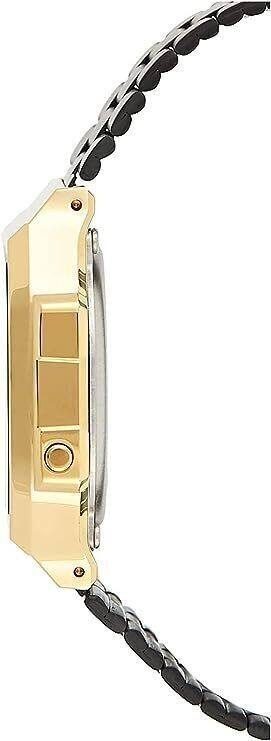 Left. Casio - Vintage Alarm Digital A168WEGB-1B Unisex Watch - Black, Gold Tone.