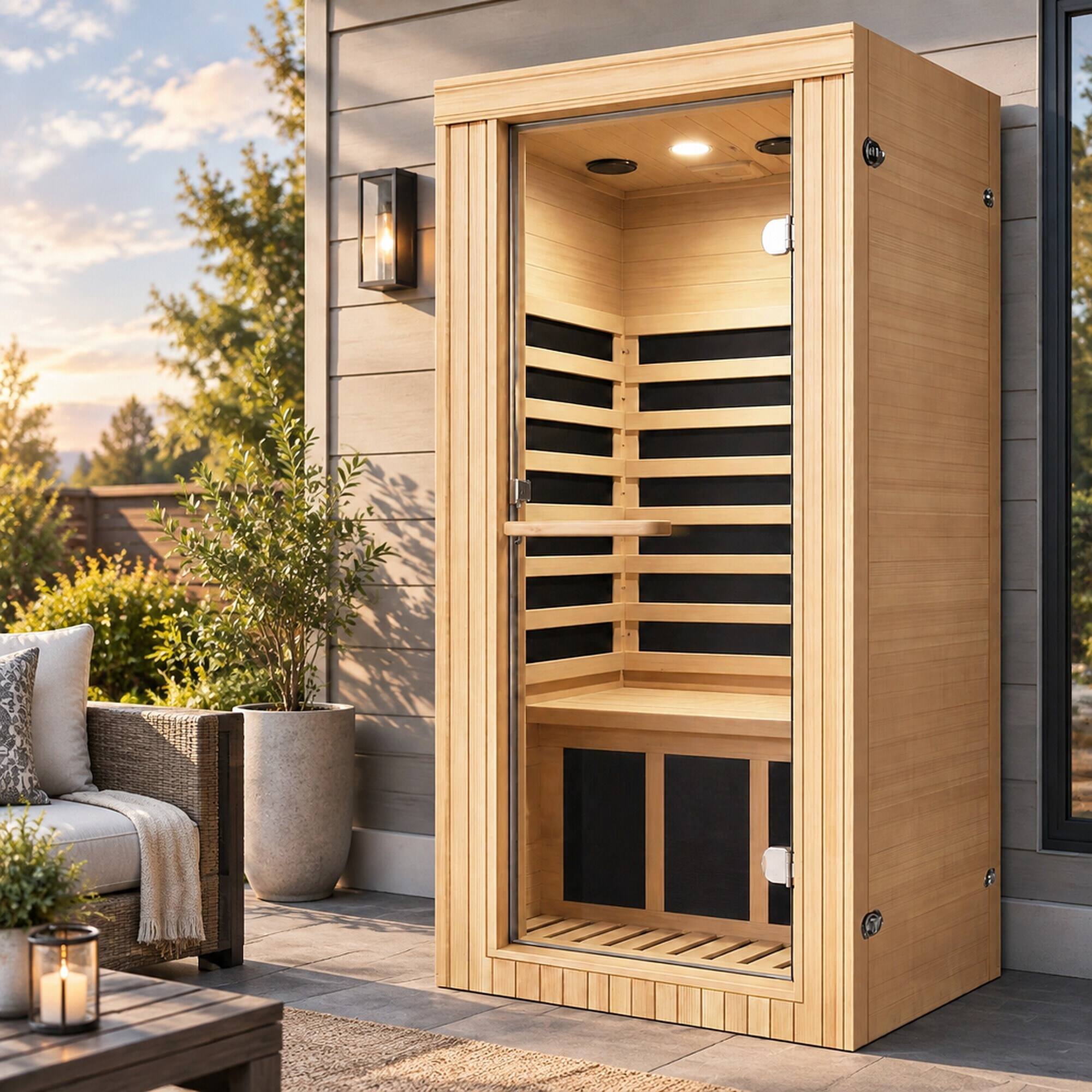 Angle. RYHNUYNE - 1020W Canadian Hemlock Mini Far Infrared Sauna, Single Seat, 73 cm x 63 cm x 150 cm Interior, Epoxy Heating Board - Ameican White Oak.