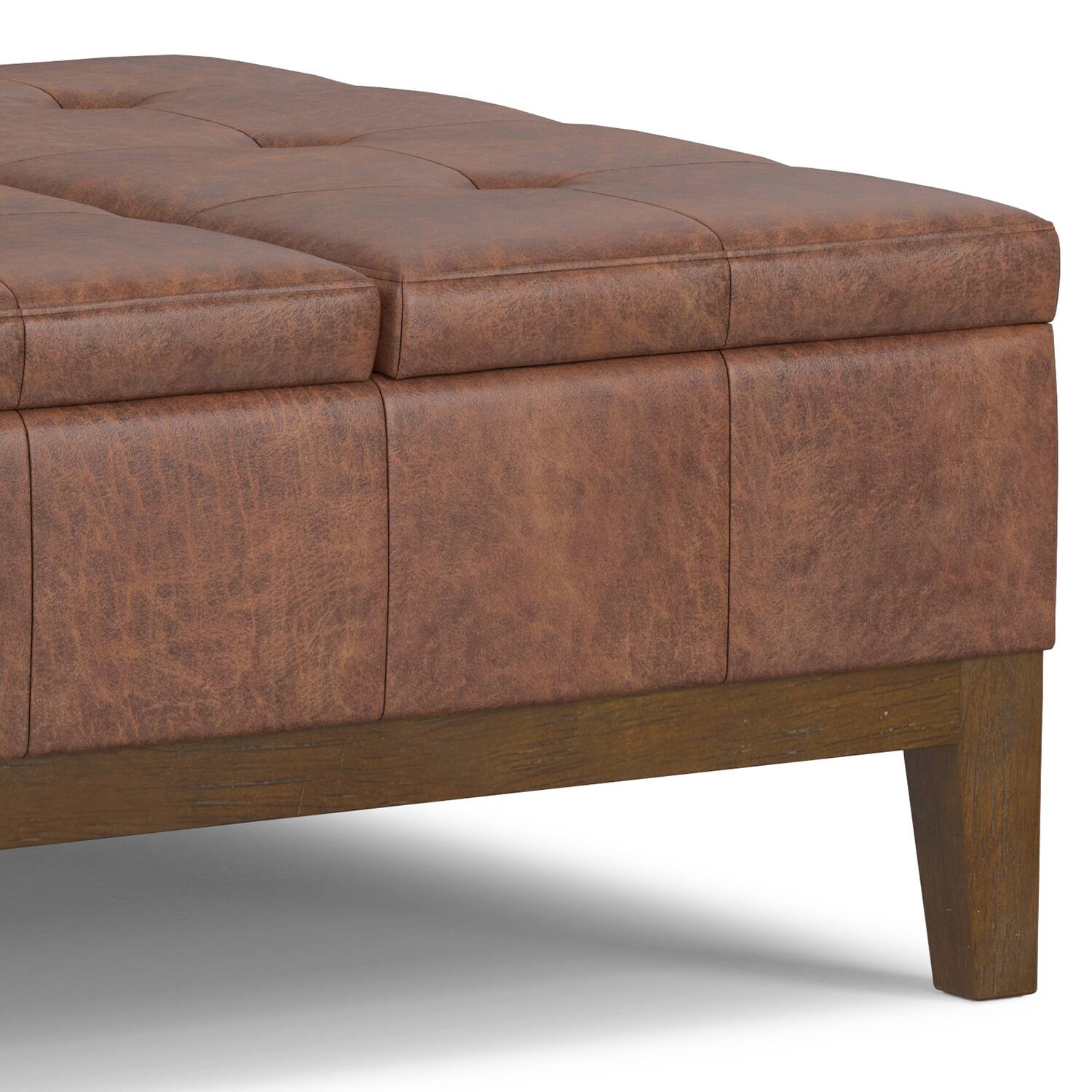 Alt View 9. Simpli Home - Dover 36 inch Contemporary Lift Top Coffee Table Storage Ottoman in Distressed Saddle Brown Vegan Faux Leather,Assembled - Distressed Saddle Brown.