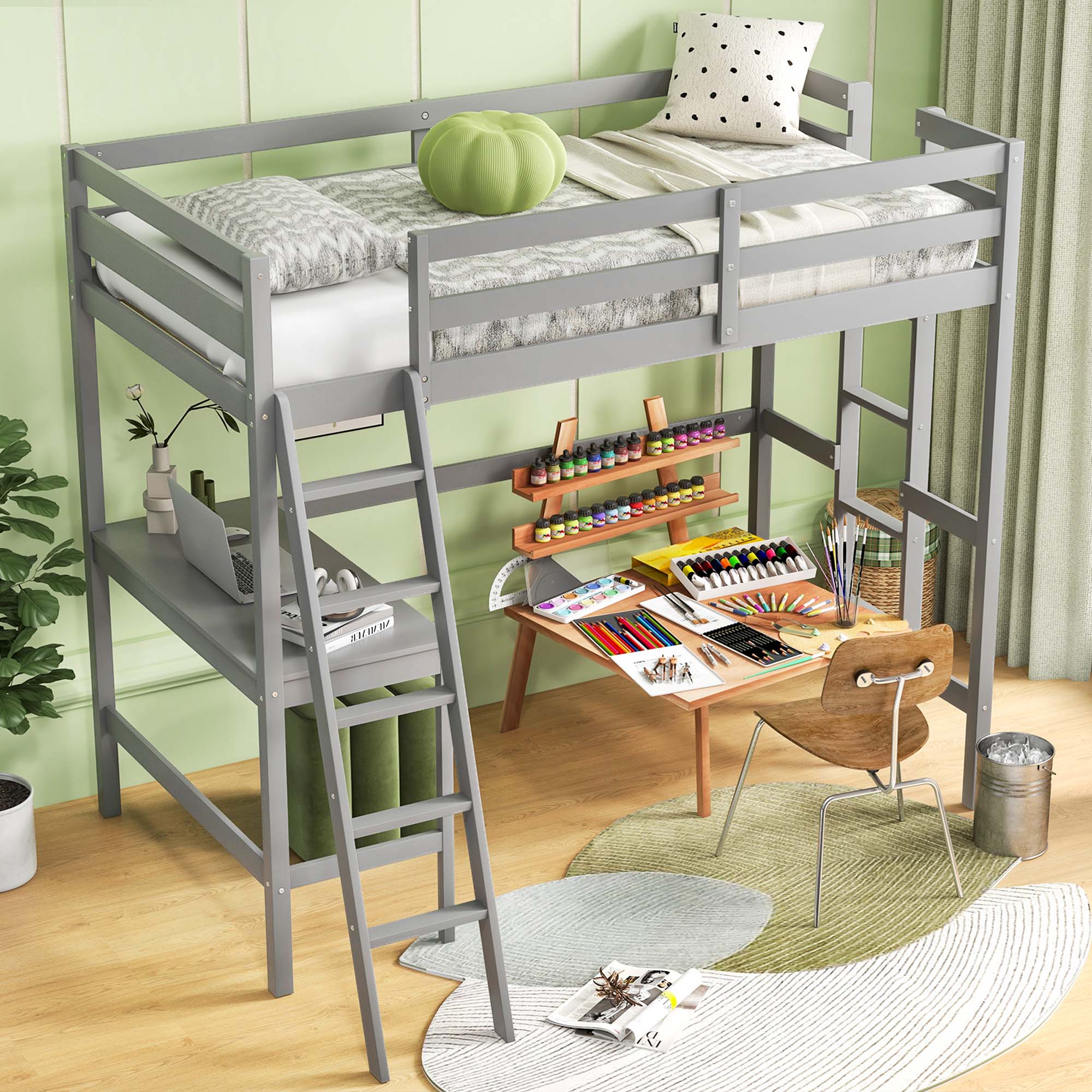 Alt View 4. Costway - Costway Twin Size Loft Bed w/ Desk & Shelf 2 Ladders & Guard Rail for Kids Teens Bedroom - Grey.