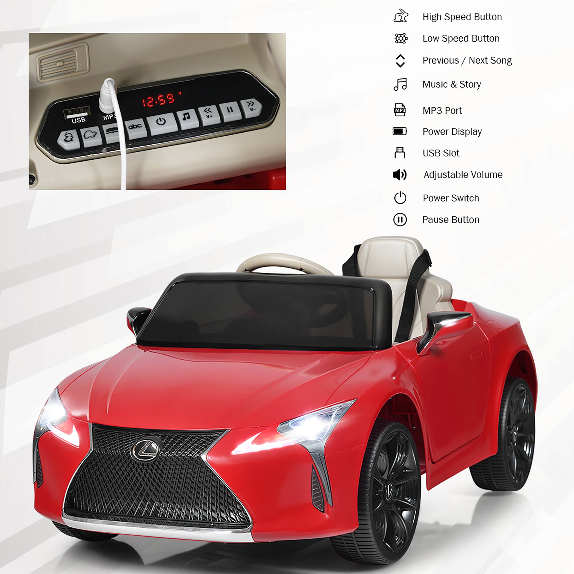High Speed Button  
Low Speed Button  
Previous / Next Song  
USB  
MP3  
12:59 abc  
II  

Music & Story  
MP3 Port  
Power Display  
USB Slot  
Adjustable Volume  
Power Switch  
Pause Button