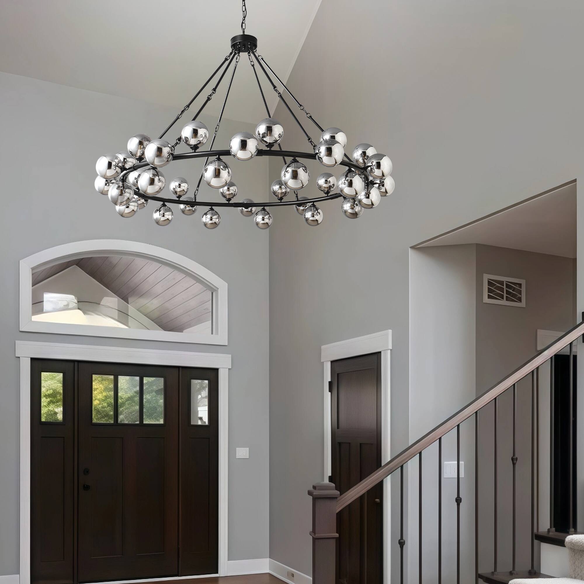 Back. RYHNUYNE - 59 Inch Dining Room Large Chandeliers for High Ceilings Modern Black 36-Light Light Fixture with Smoky Grey Glass Shades.