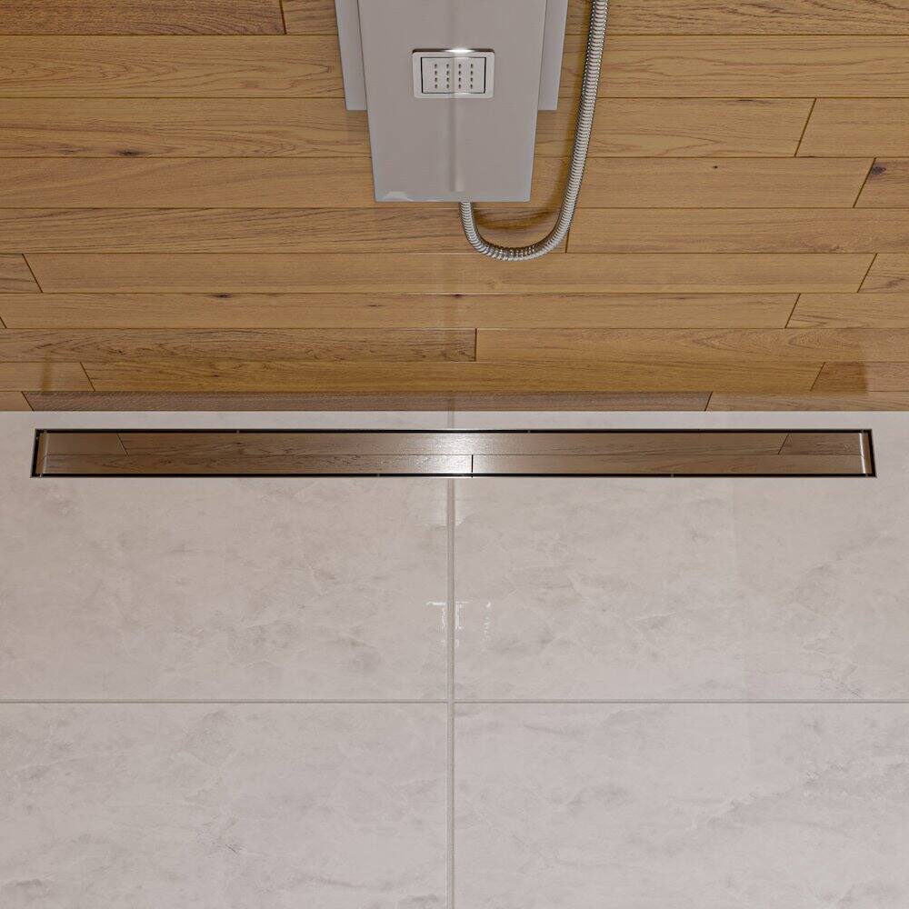 Angle. Alfi - 47" Polished Stainless Steel Linear Shower Drain with Solid Cover - Silver.