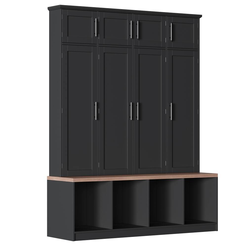 Alt View 6. Loheer - Loheer Farmhouse Hall Tree with Seating Bench, Black Entryway Shoe Cabinet, 75 Inch Tall - Black.