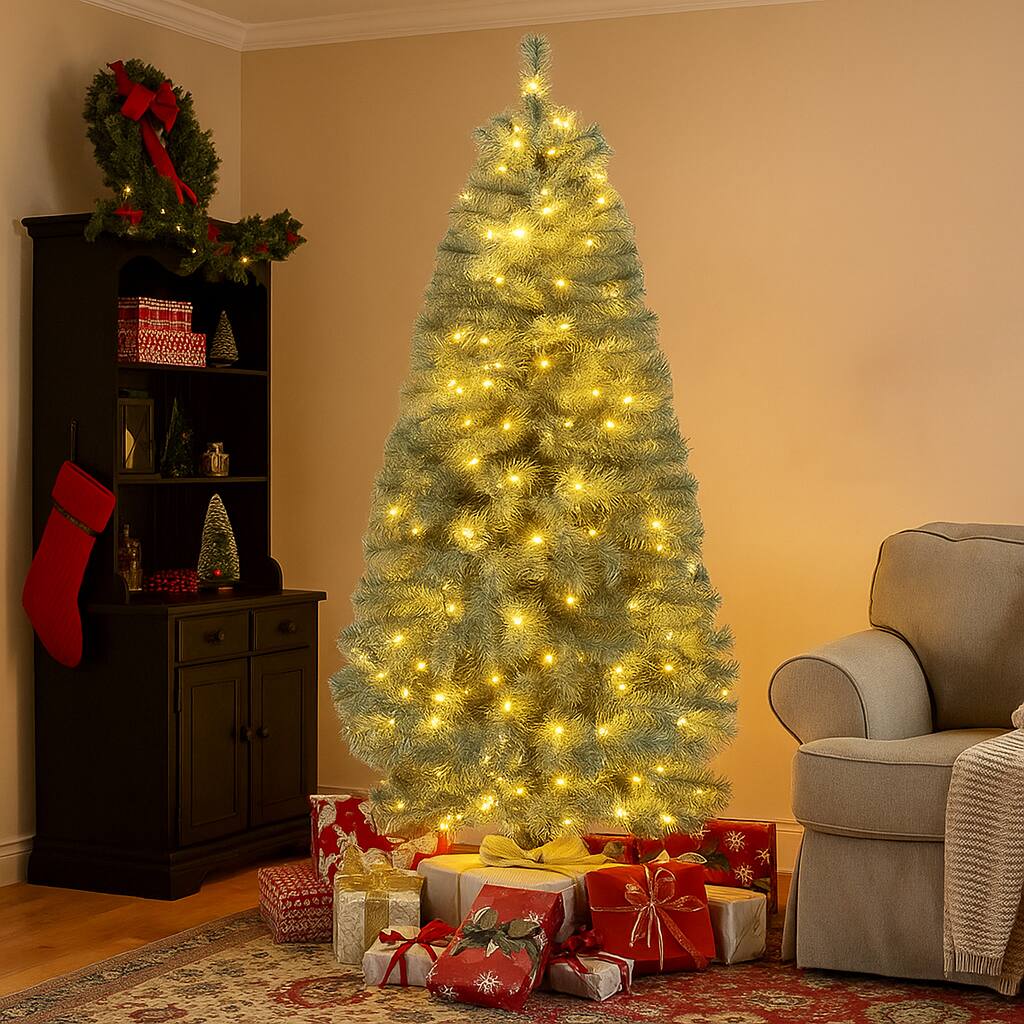 Angle. BreeBe - Prelit Slim Blue Tree with 9 Lighting Effects – Artificial Christmas Tree - Blue.