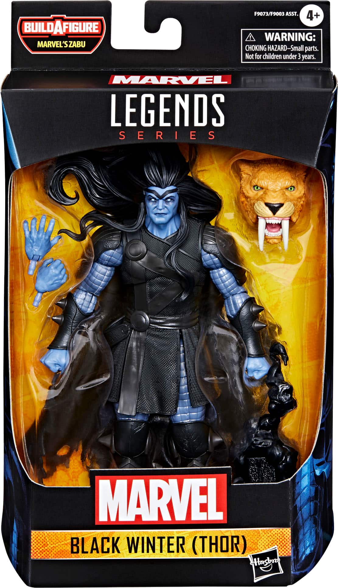 The image features a Marvel Legends action figure of Black Winter (Thor). The figure is in a package, and there is a warning label stating that the toy is not suitable for children under three years of age due to small parts that could pose a choking hazard. The figure is part of the Marvel Legends series, and the character is depicted in a winter setting.
