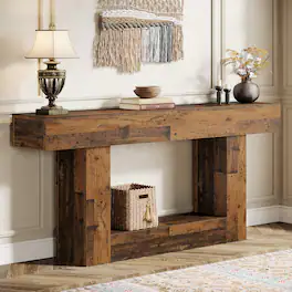 Tribesigns - 63" Console Table, Farmhouse 2-Tier Entryway Table with U-Shaped Base, Narrow Long Wood Sofa Table Behind Couch Table fo - Mix Brown