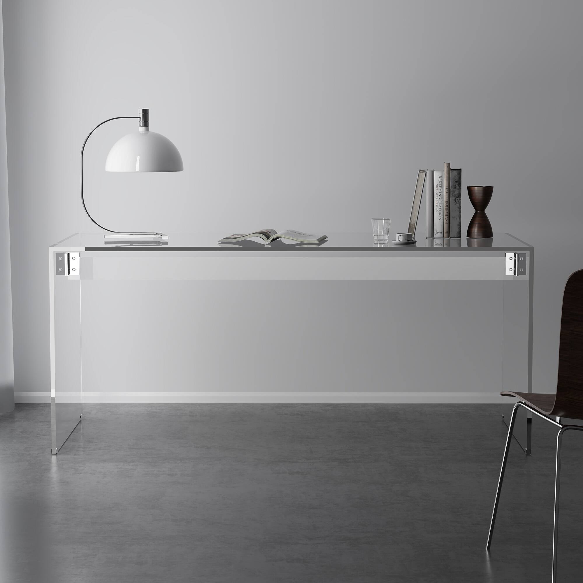 Left. luck idea - Modern 53.14" Rectangular Writing Desk, Transparent Tempered Glass Surface - Clear Glass.