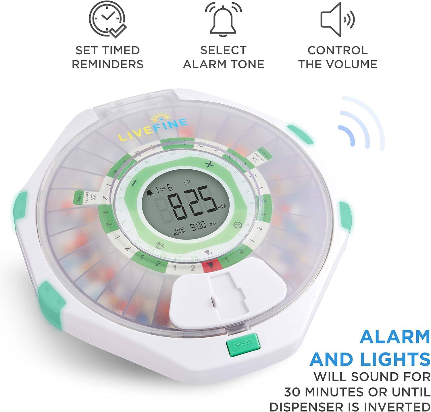 SET TIMED REMINDERS, SELECT ALARM TONE, CONTROL THE VOLUME, LIVEFINE, 12, 14day3, SL 1 - feloed 9 XZ x DI, 21 D 1 18 - 19 105 OF 6 1 7 H 14days tes 2X Z 20 2 825 5 PM - 21 5 N 22 9:00 PM - Noxt 2 Alar 3 7 24 1 9 2 2 25 1 2 1 20 27 28 1 2 1 2 FRESS ALARM AND LIGHTS WILL SOUND FOR 30 MINUTES OR UNTIL DISPENSER IS INVERTED