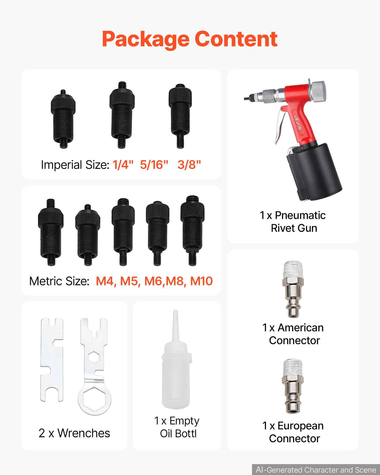 Package Content

VEVOR

Imperial Size: 1/4" 5/16" 3/8"
1 X Pneumatic Rivet Gun
Metric Size: M4, M5, M6, M8, M10
1 X American Connector
2 X Wrenches
1 X Empty Oil Bottle
1 X European Connector