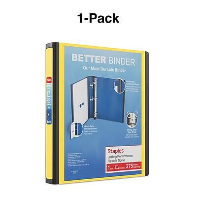 1-Pack  
BETTER BINDER  
Our Most Durable Binder  

1"  
Staples  
Lasting Performance,  
Flexible Spine  
1"  
275 Sheets